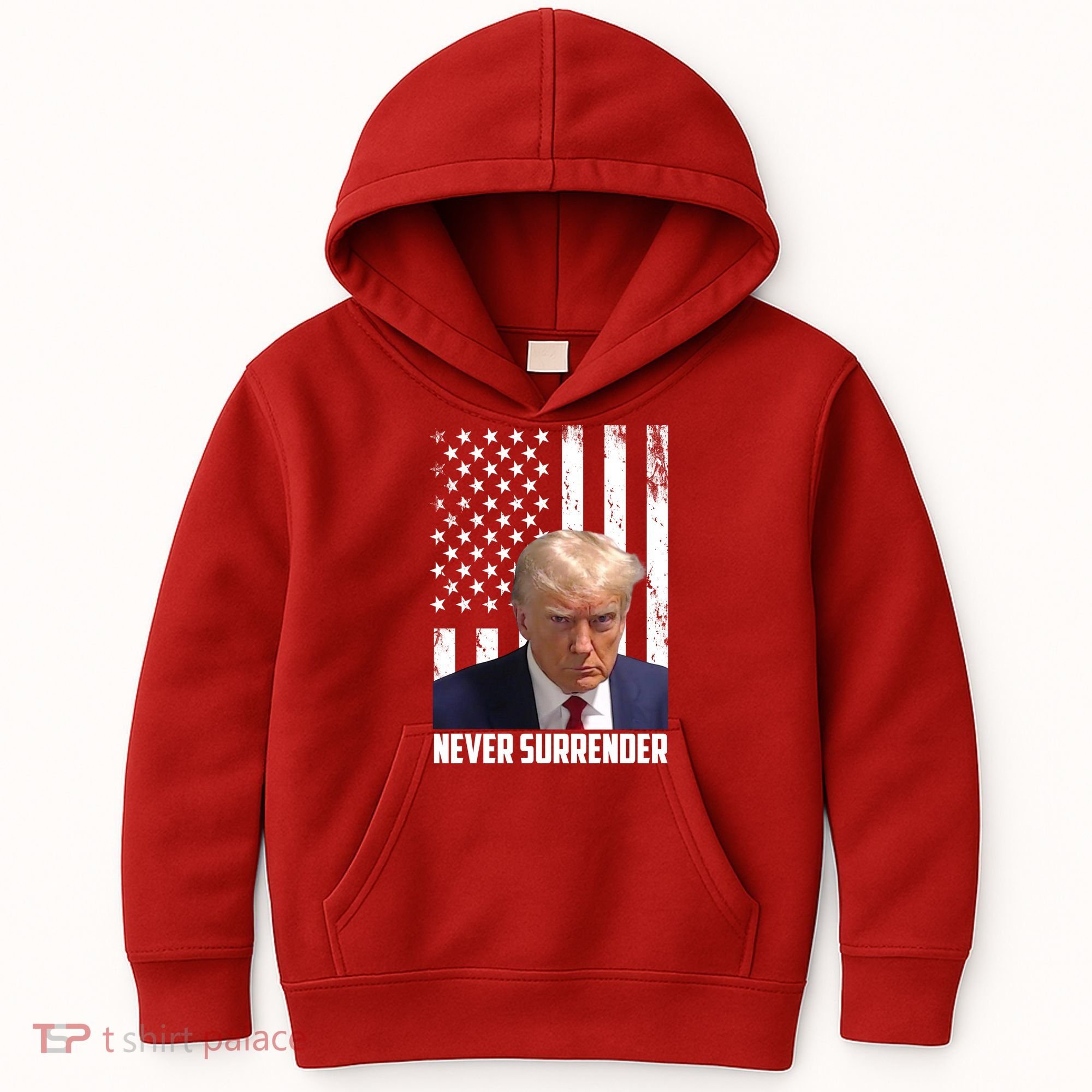 Never Surrender Donald Trump American Flag Mugshot Kids Hoodie