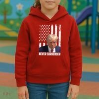Never Surrender Donald Trump American Flag Mugshot Kids Hoodie thumb 3