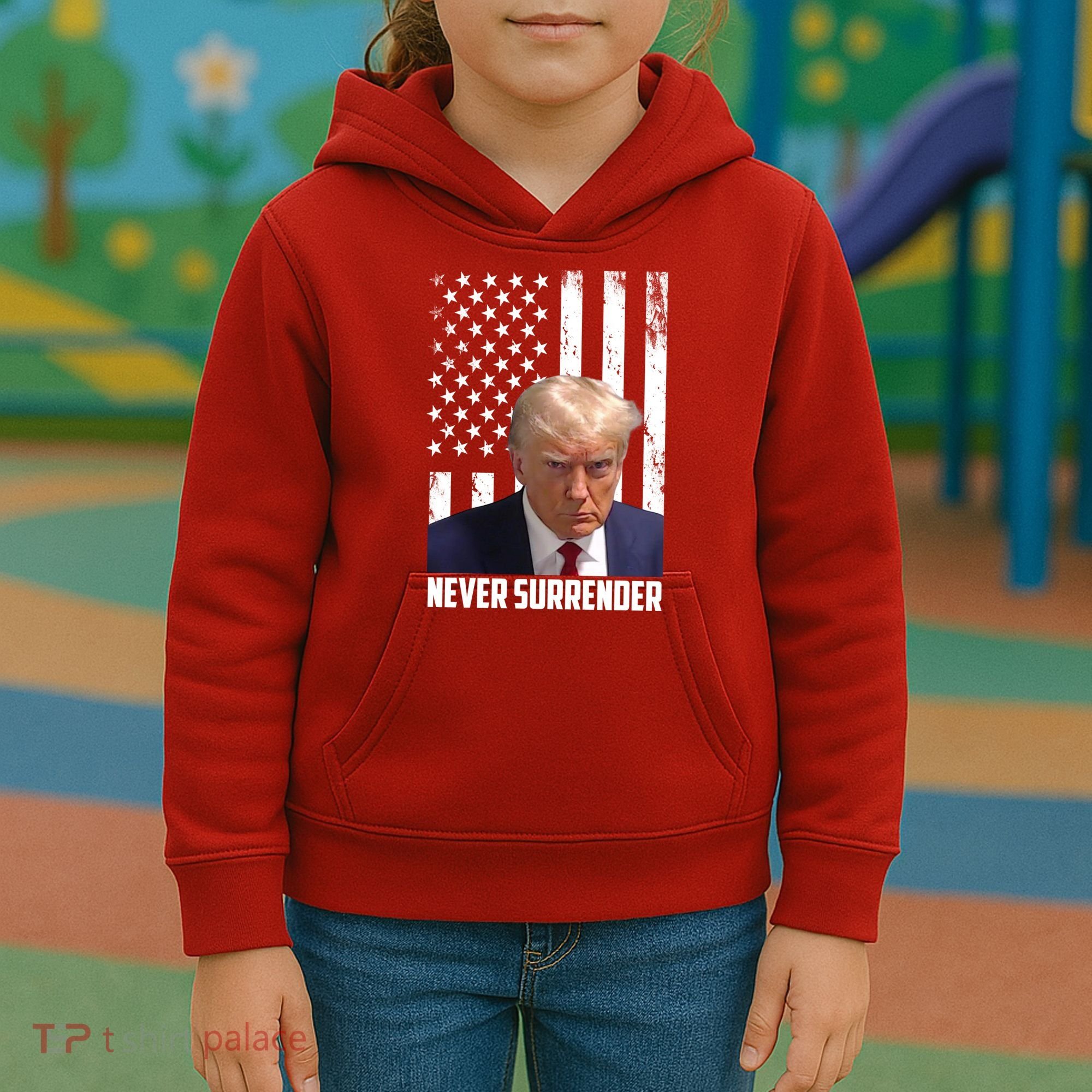 Never Surrender Donald Trump American Flag Mugshot Kids Hoodie