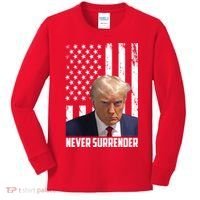 Never Surrender Donald Trump American Flag Mugshot Kids Long Sleeve Shirt thumb 0