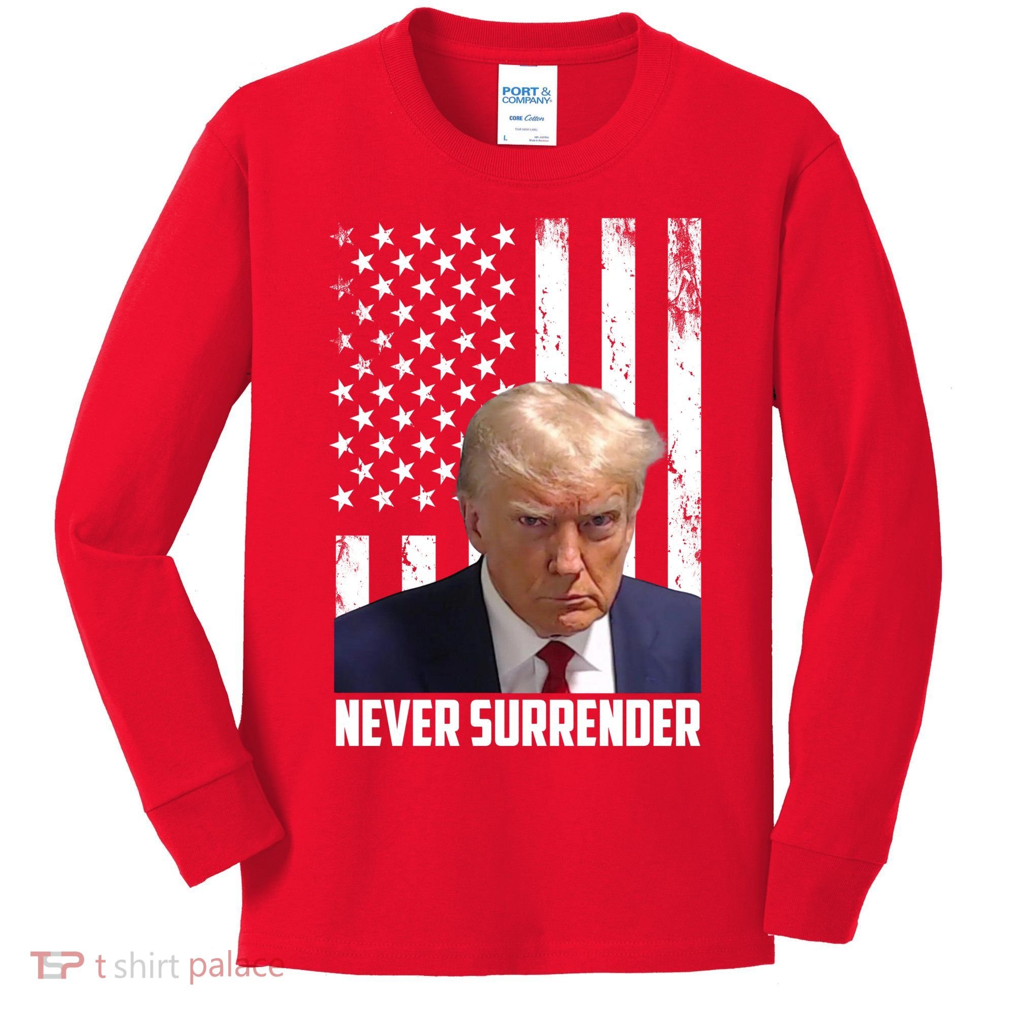 Never Surrender Donald Trump American Flag Mugshot Kids Long Sleeve Shirt