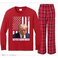 Never Surrender Donald Trump American Flag Mugshot Kids Long Sleeve Plaid Pajama Set thumb 0