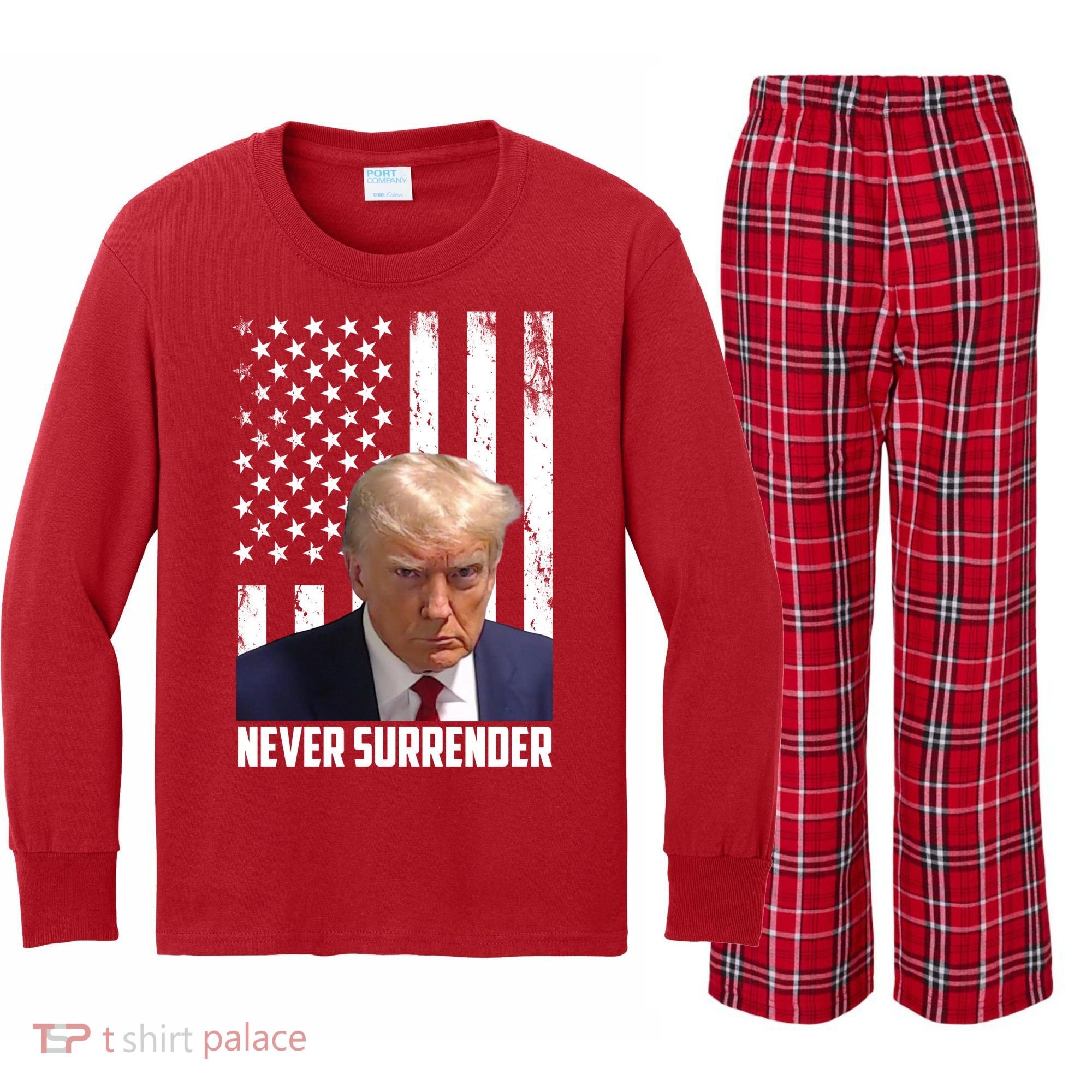 Never Surrender Donald Trump American Flag Mugshot Kids Long Sleeve Plaid Pajama Set