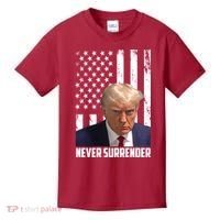 Never Surrender Donald Trump American Flag Mugshot Kids T-Shirt thumb 0