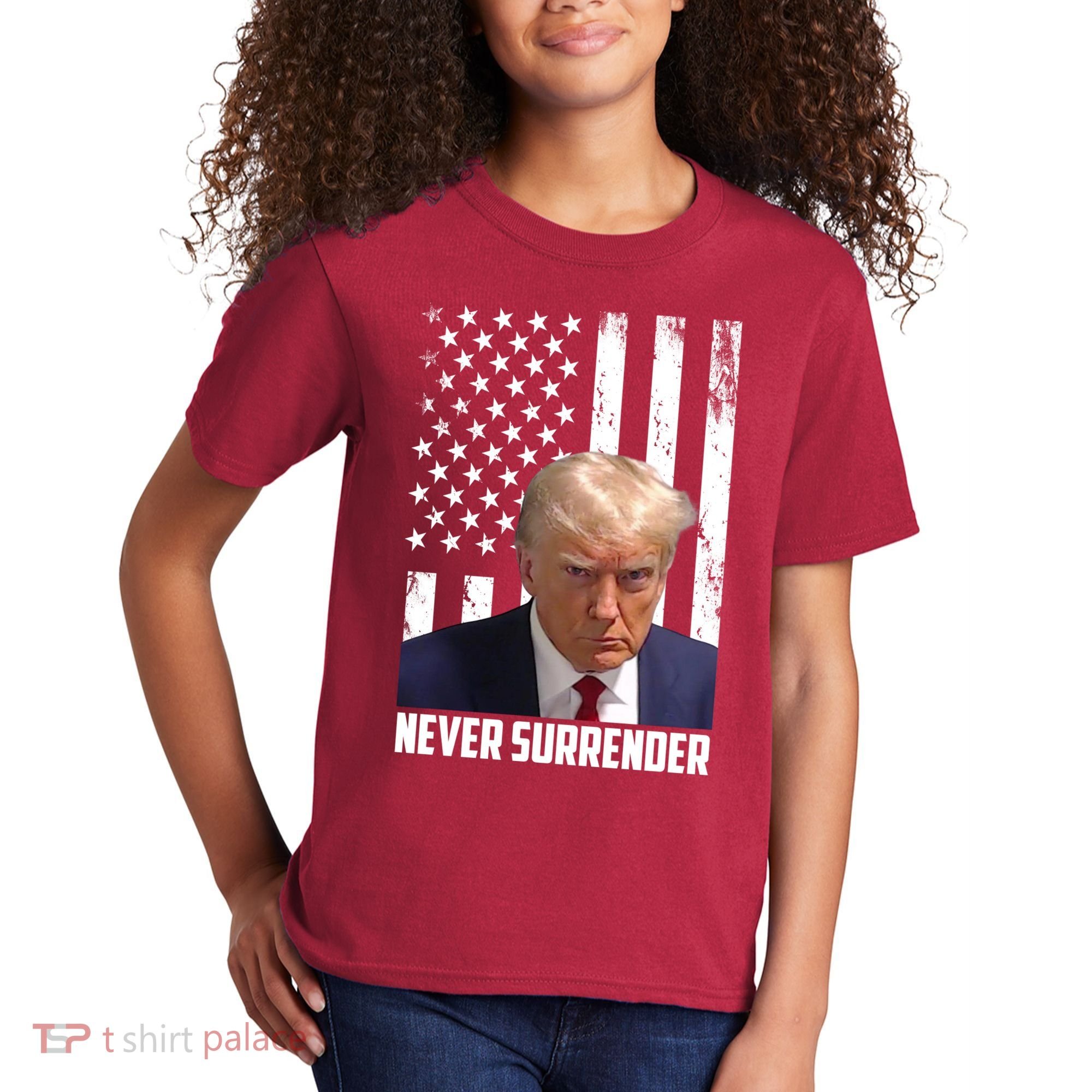 Never Surrender Donald Trump American Flag Mugshot Kids T-Shirt