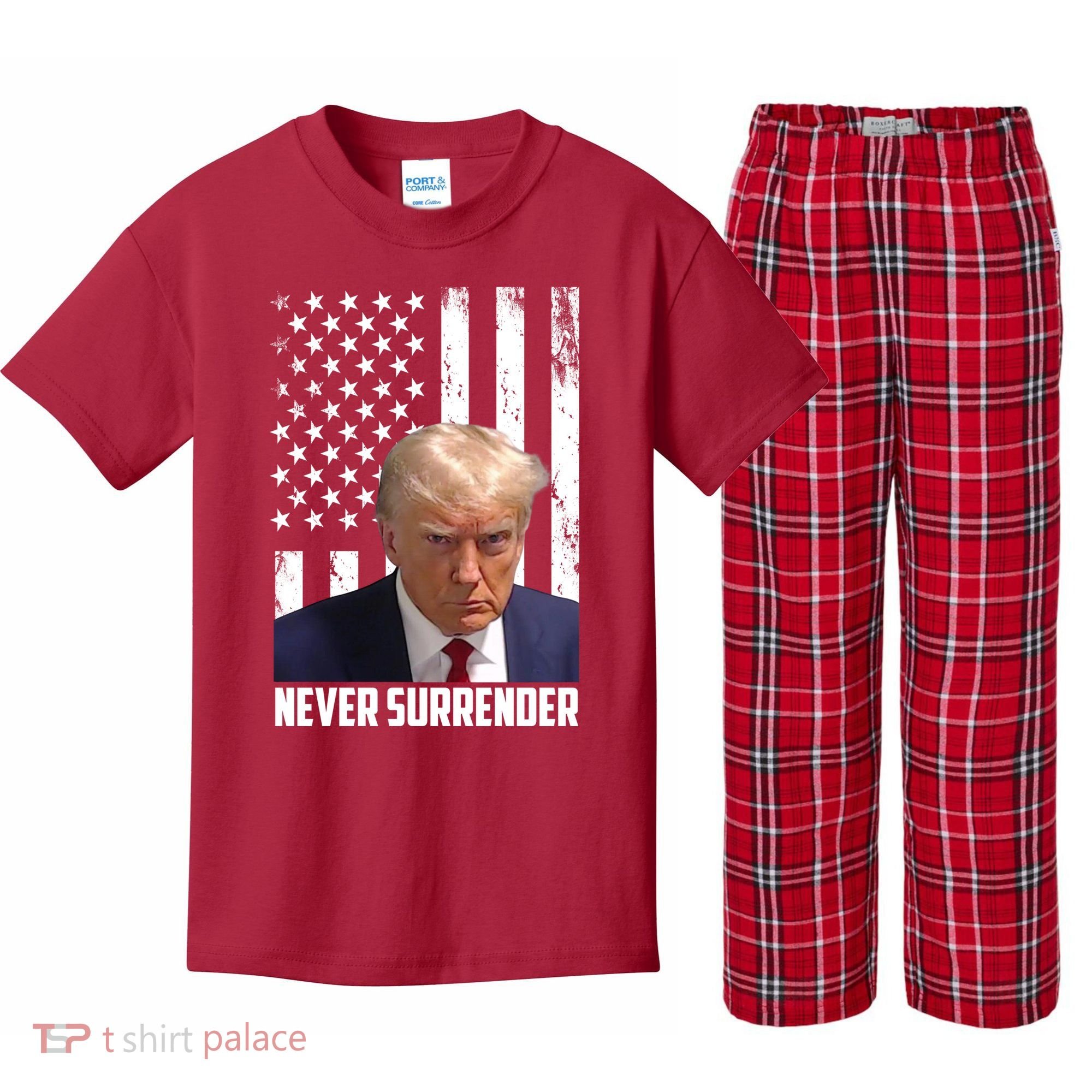Never Surrender Donald Trump American Flag Mugshot Kids Plaid Pajama Set