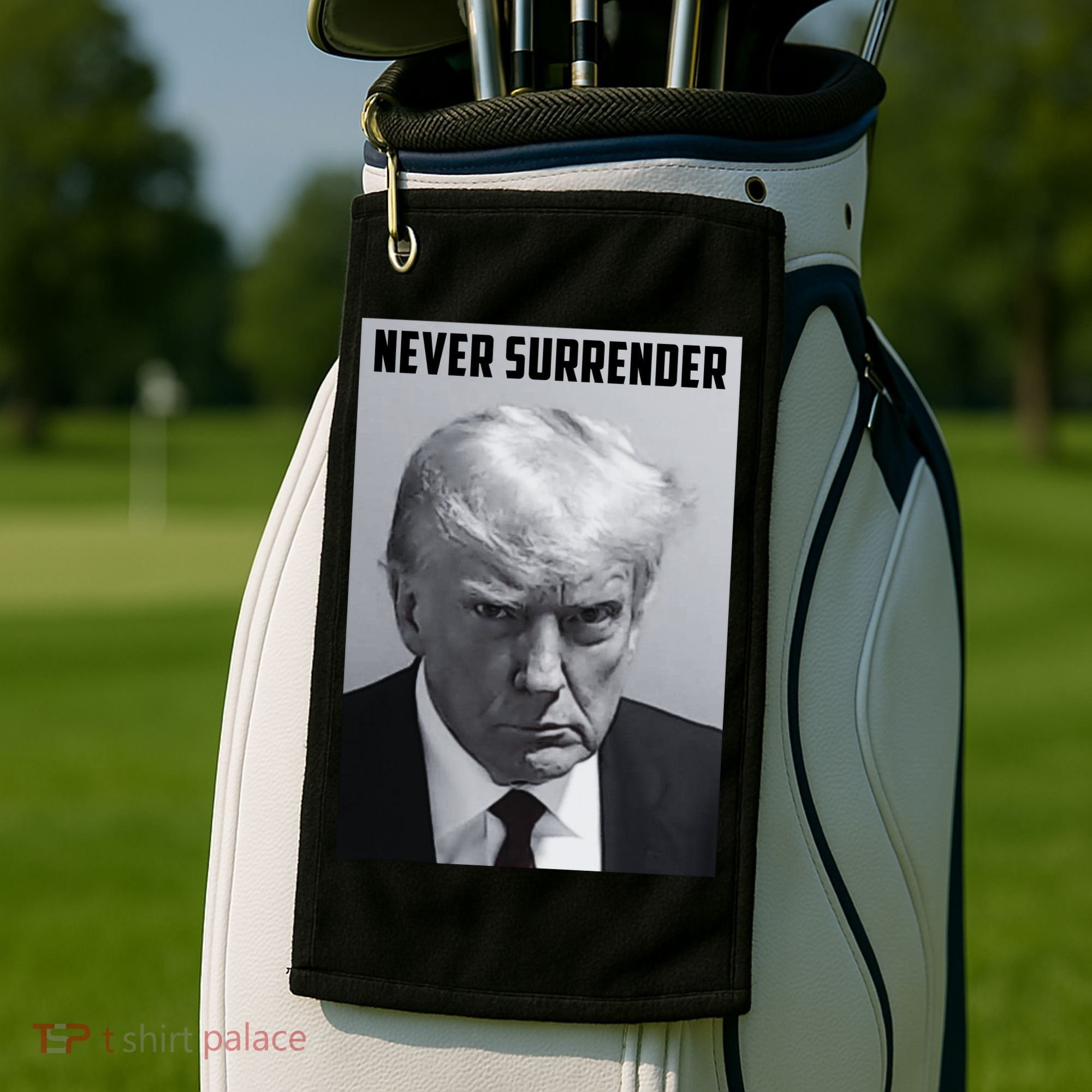 Never Surrender Donald Trump Mugshot Golf Towel