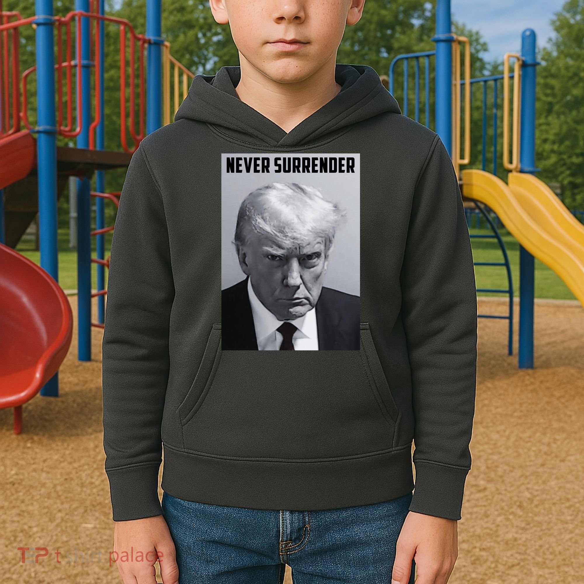 Never Surrender Donald Trump Mugshot Kids Hoodie