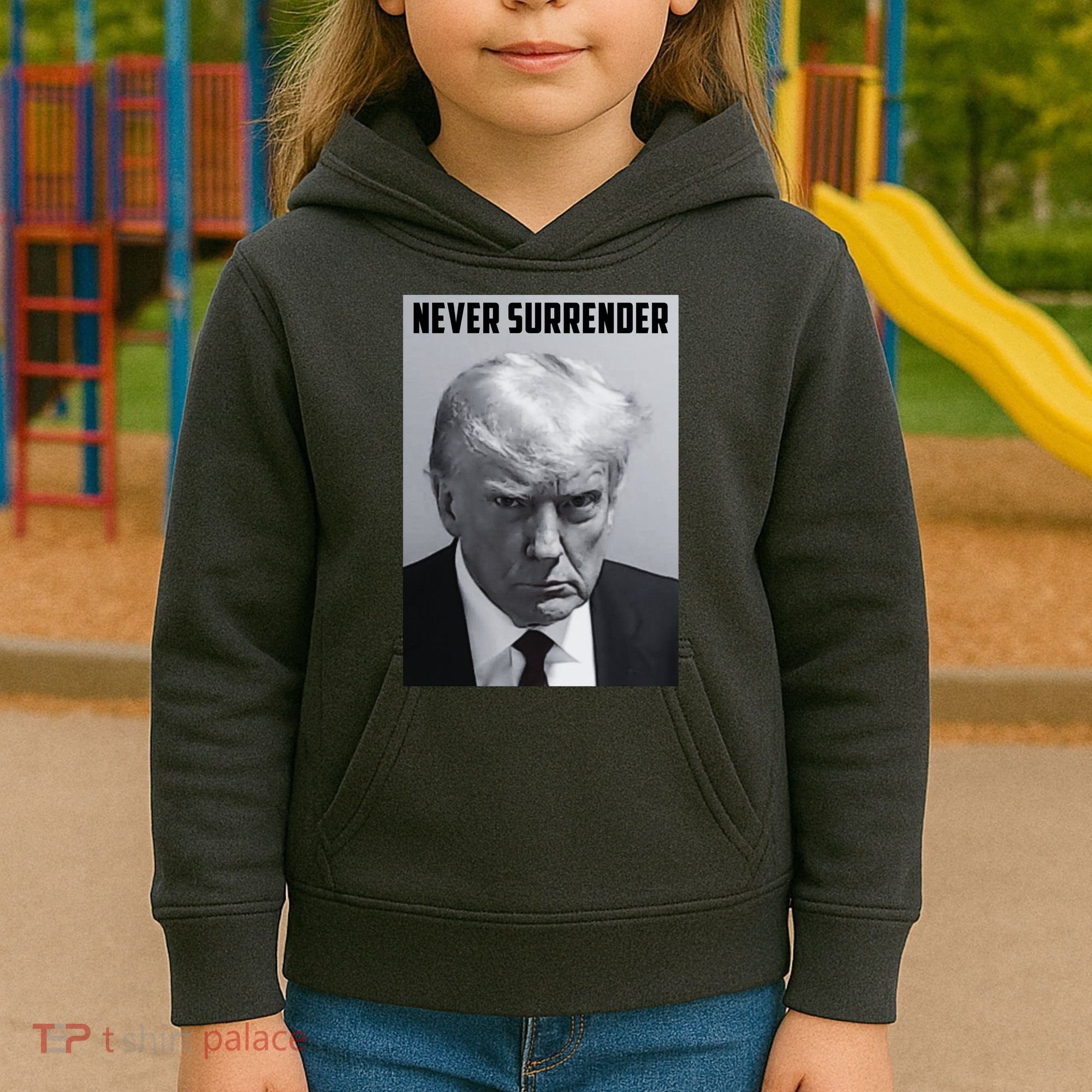 Never Surrender Donald Trump Mugshot Kids Hoodie