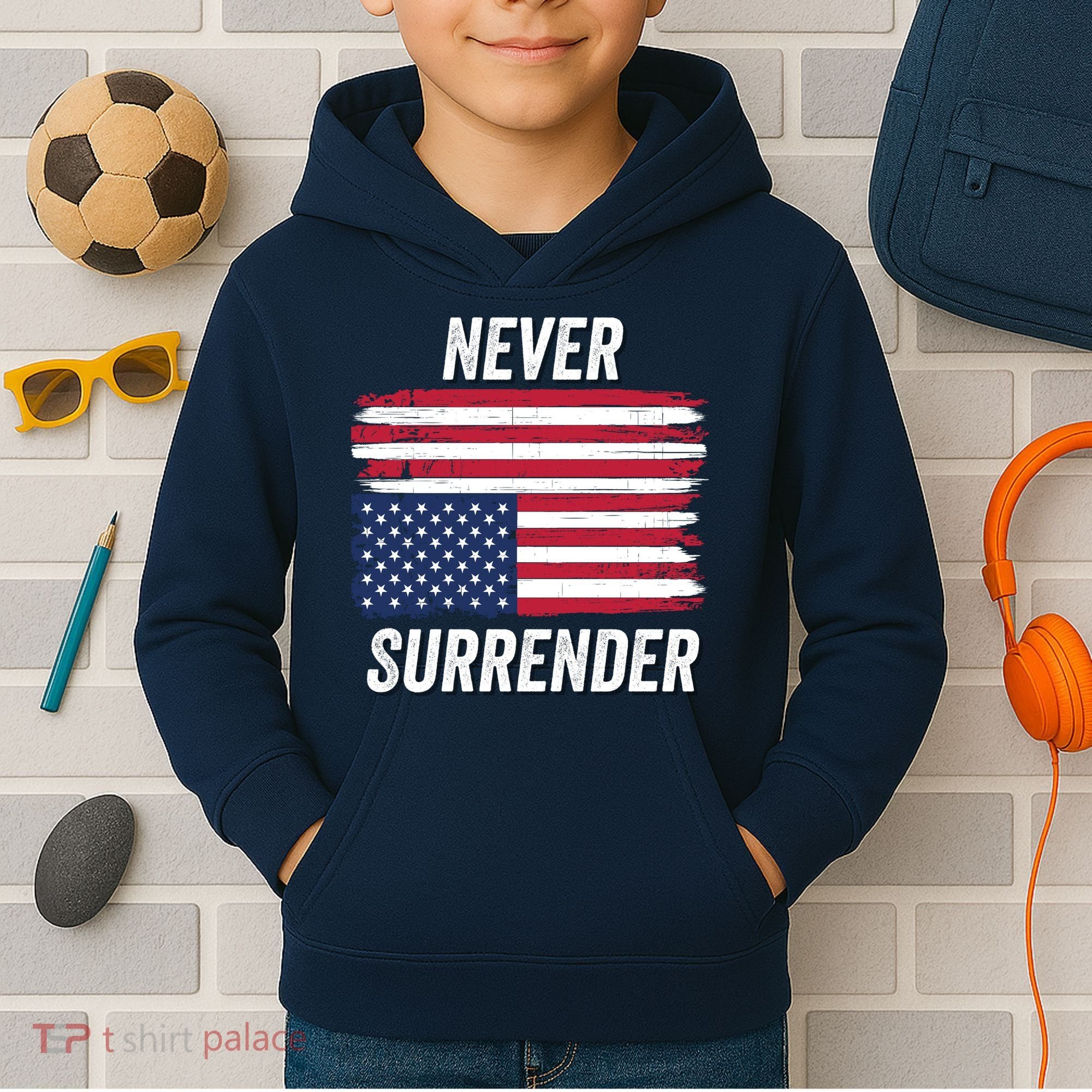Never Surrender Distressed Usa Flag Save Our Republic Usa Under Distress Kids Hoodie