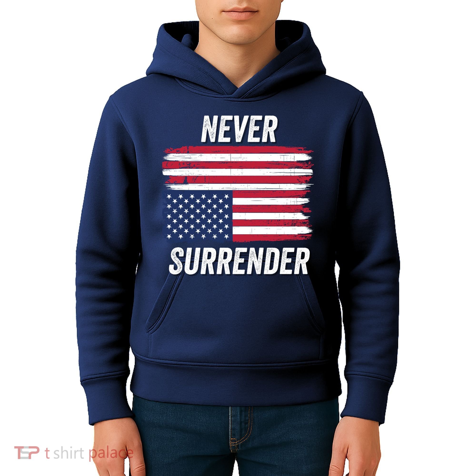 Never Surrender Distressed Usa Flag Save Our Republic Usa Under Distress Kids Hoodie