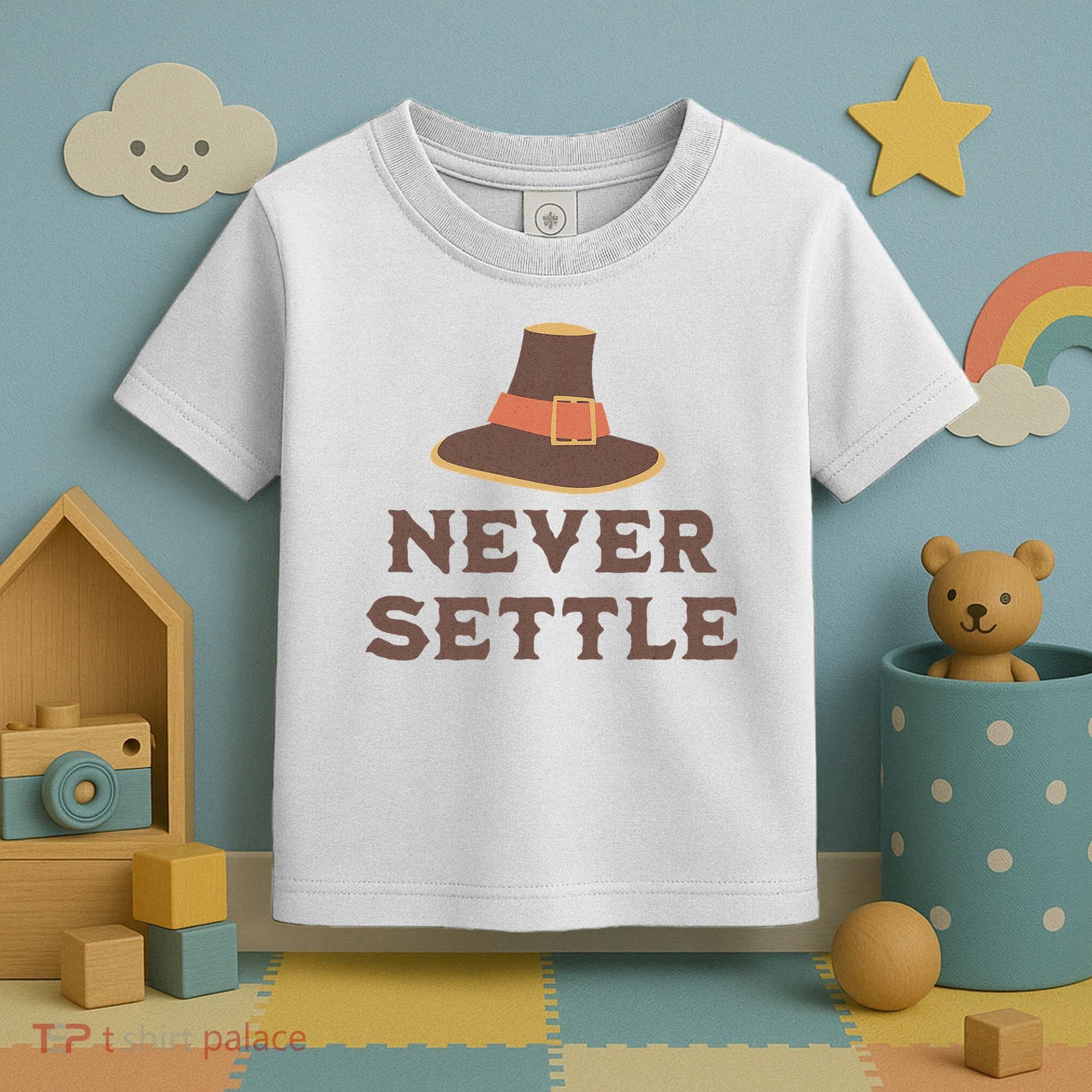 Never Settle Funny Thanksgiving Pilgrim Toddler T-Shirt