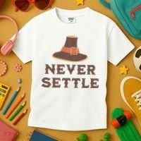 Never Settle Funny Thanksgiving Pilgrim Kids T-Shirt thumb 3