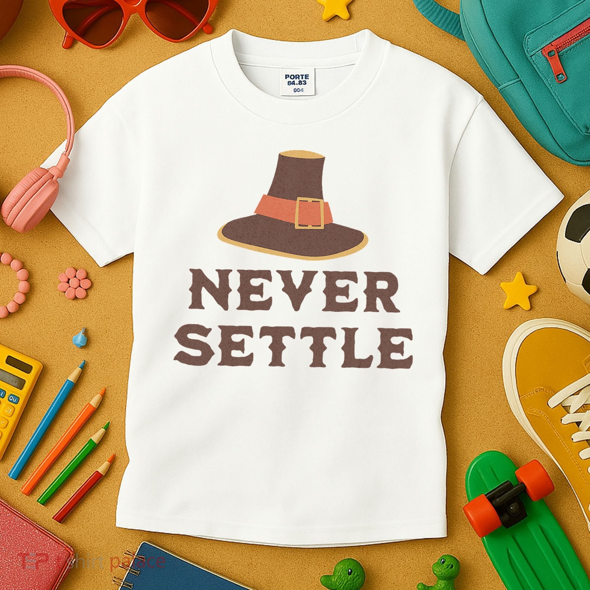 Never Settle Funny Thanksgiving Pilgrim Kids T-Shirt