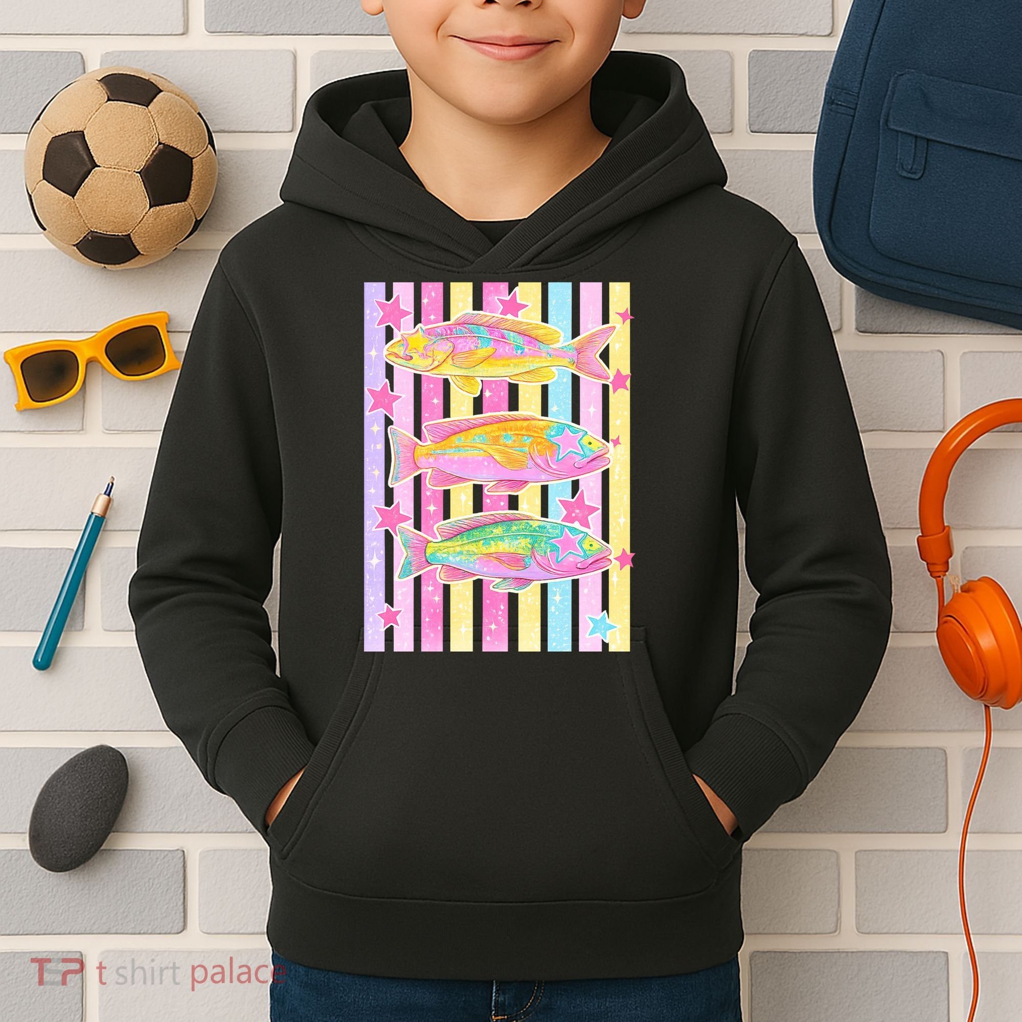 Neon Striped Fish Summer Beach Vibes Kids Hoodie