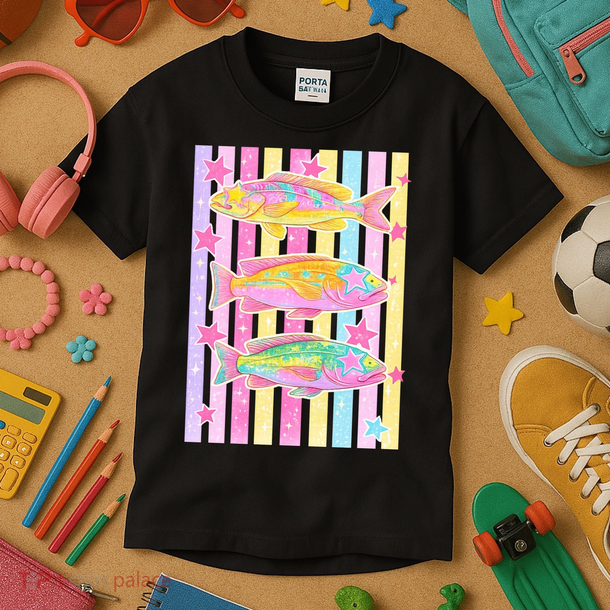 Neon Striped Fish Summer Beach Vibes Kids T-Shirt