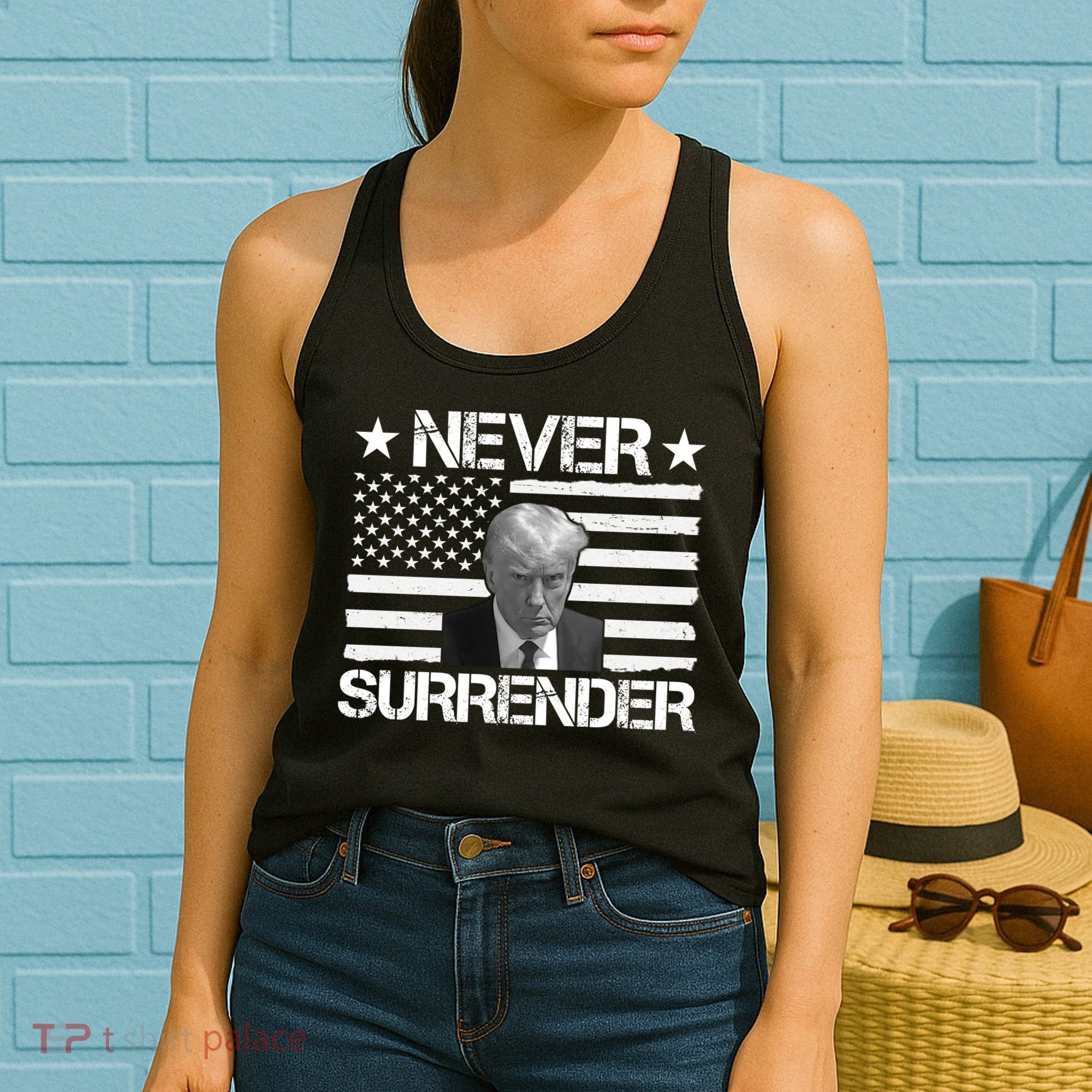 Never Surrender Trump American Flag Women's Tank Top
