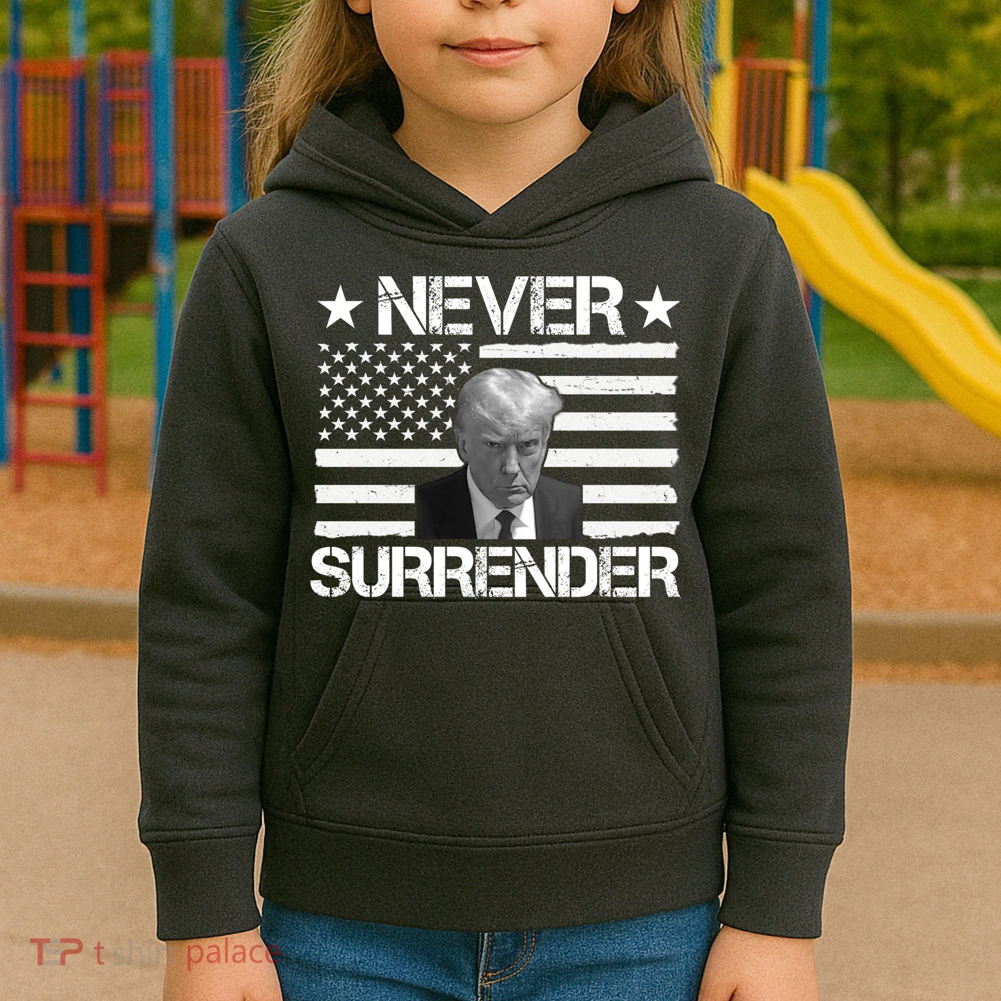 Never Surrender Trump American Flag Kids Hoodie