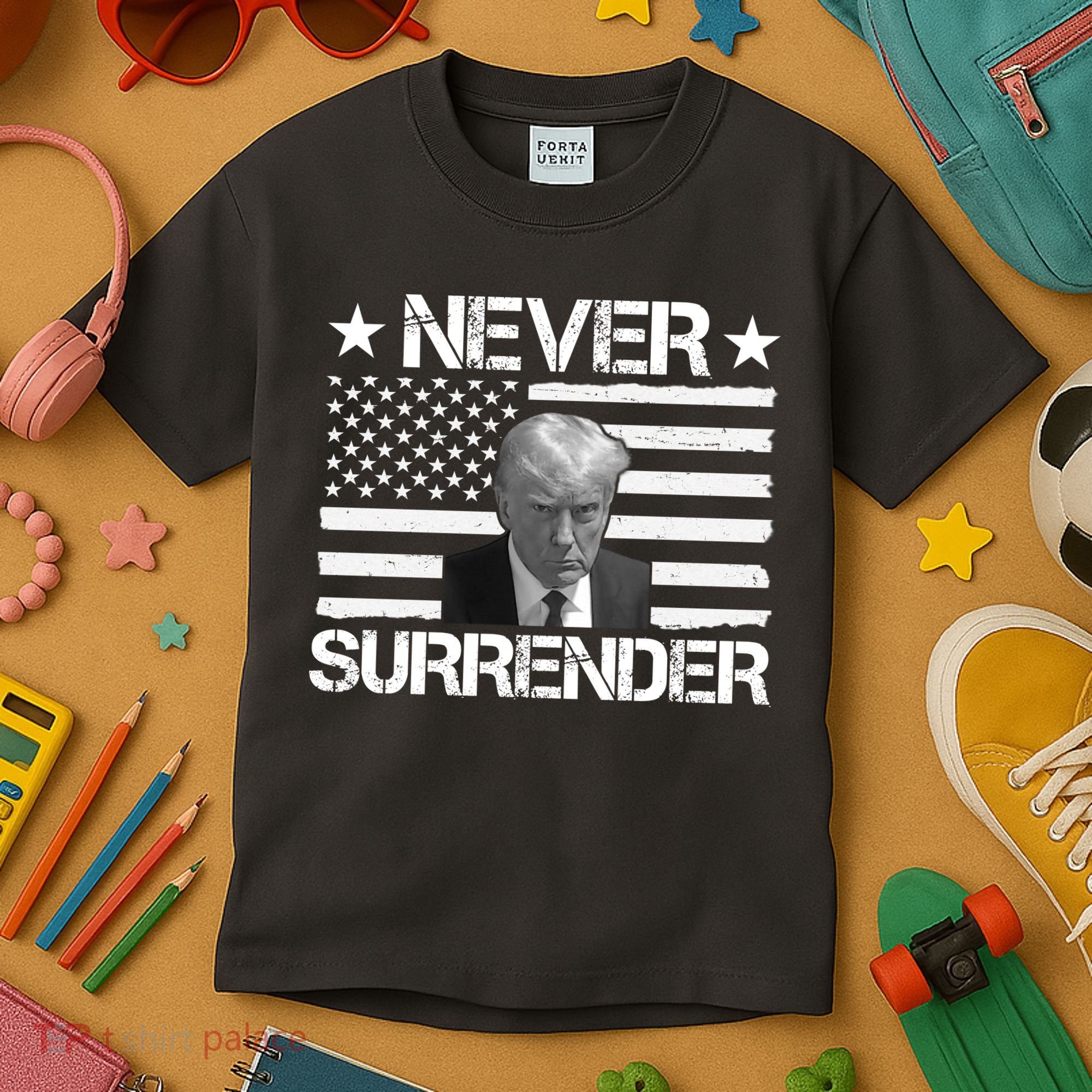 Never Surrender Trump American Flag Kids T-Shirt