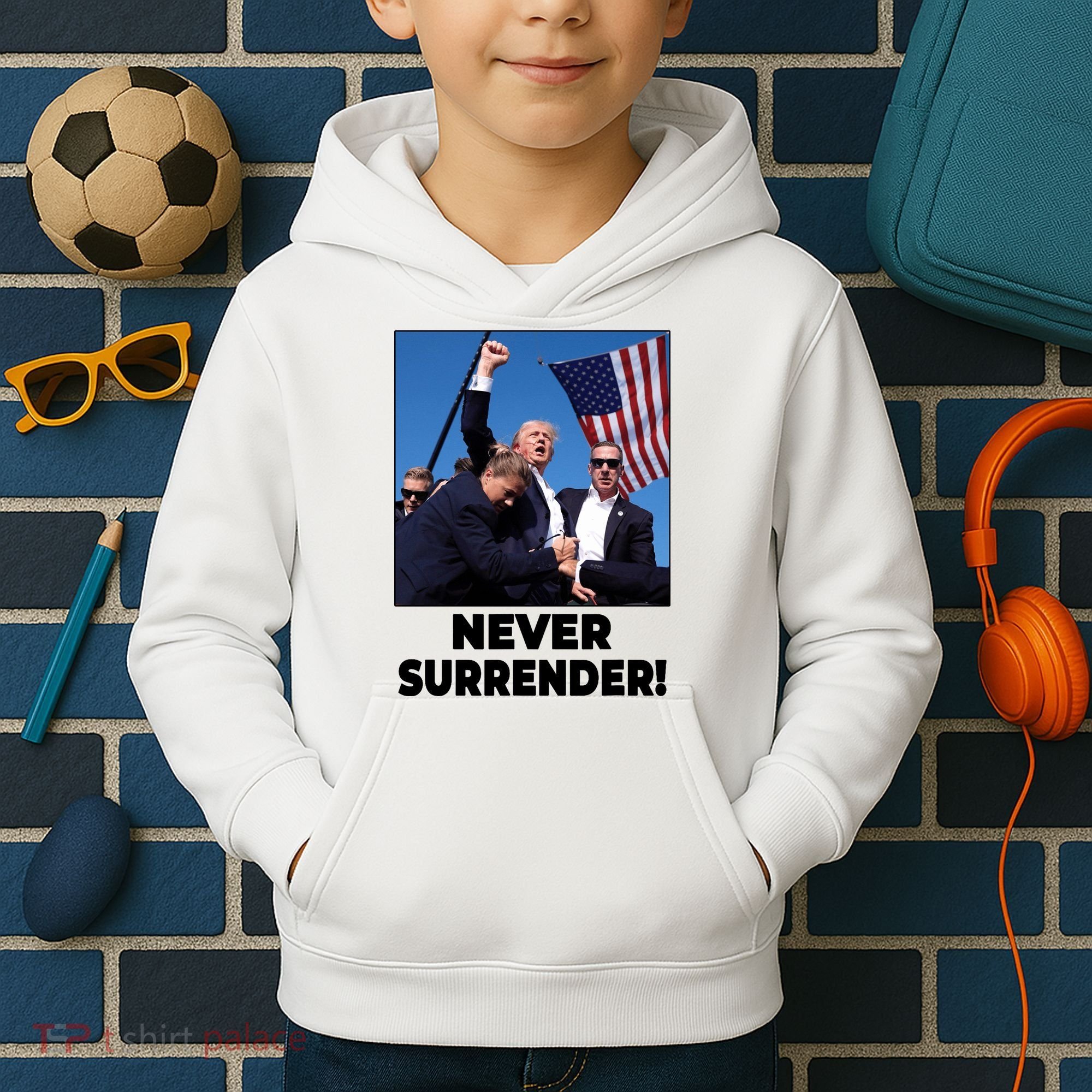 Never Surrender Trump Rally Shooting Donald Trump Statement Kids Hoodie