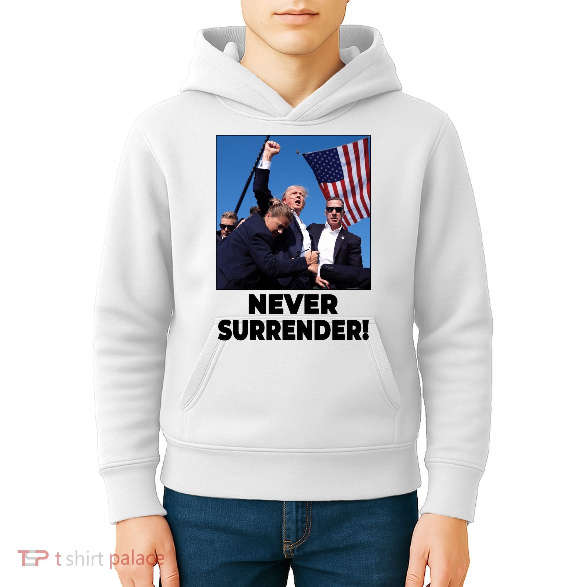 Never Surrender Trump Rally Shooting Donald Trump Statement Kids Hoodie