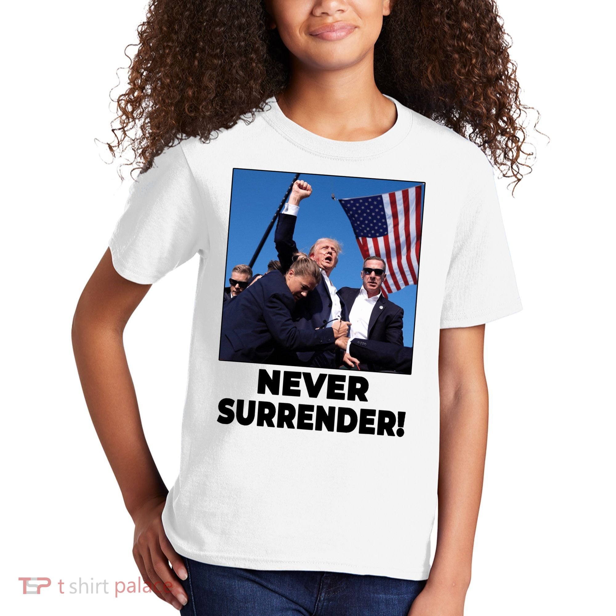 Never Surrender Trump Rally Shooting Donald Trump Statement Kids T-Shirt