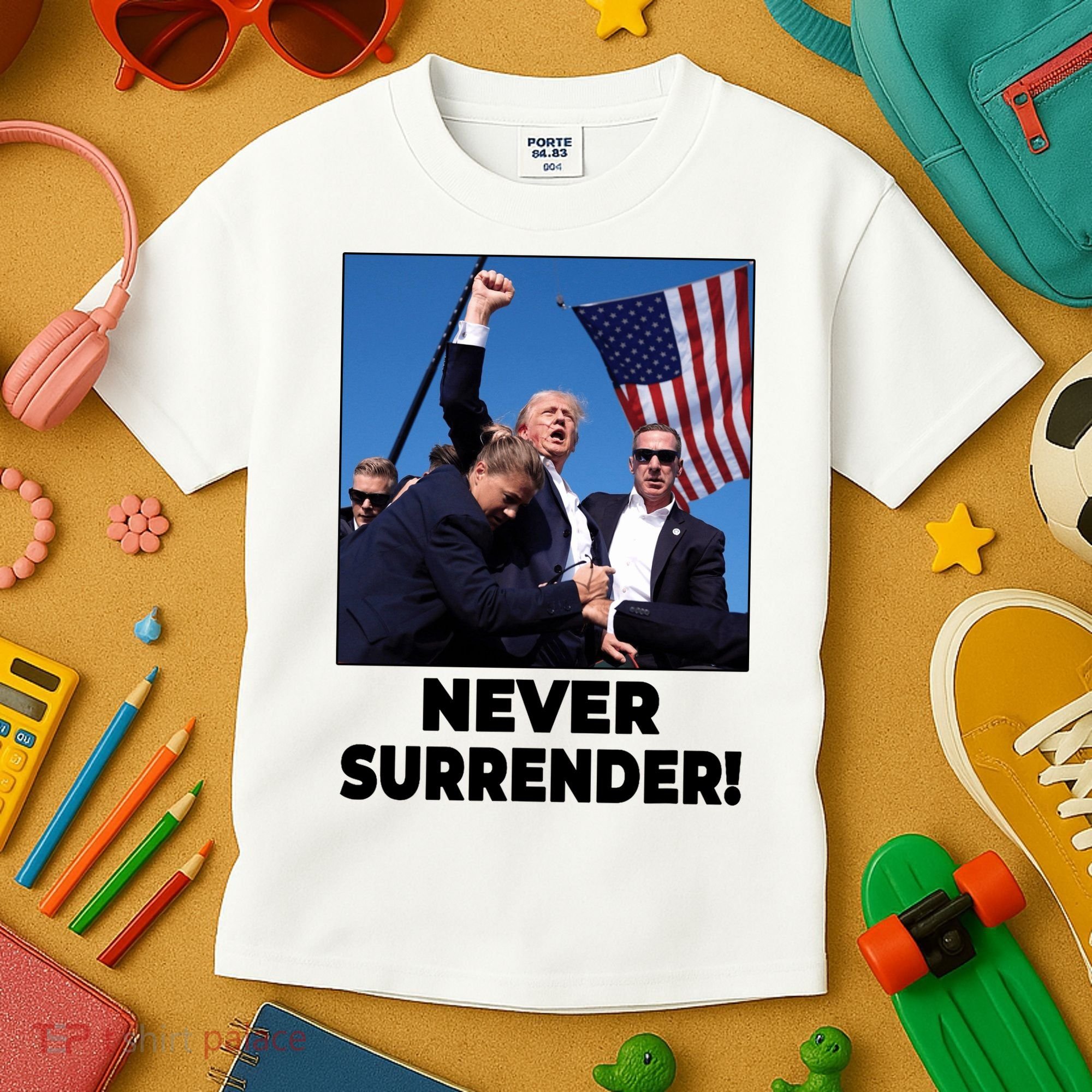 Never Surrender Trump Rally Shooting Donald Trump Statement Kids T-Shirt