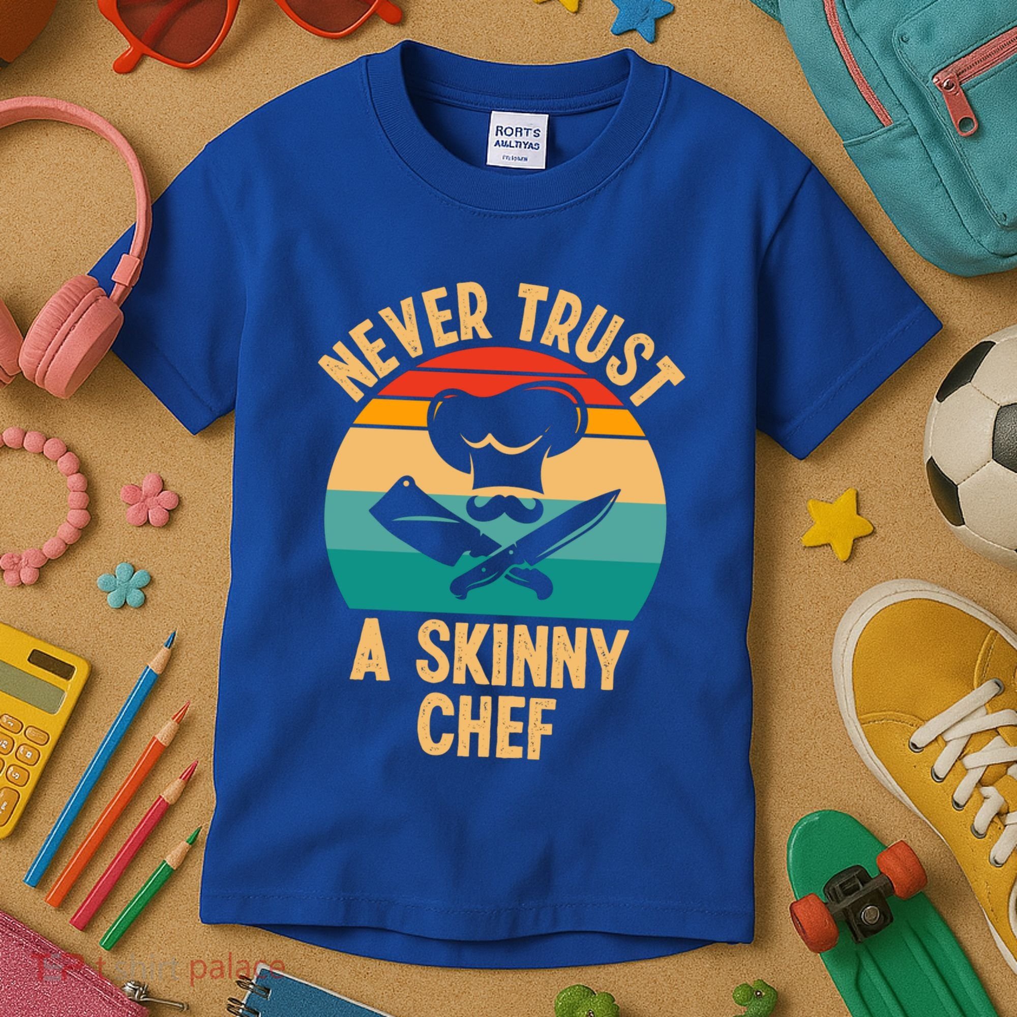 Never Trust A Skinny Chef Funny Chef Cooking Lovers Chefs Gift Kids T-Shirt