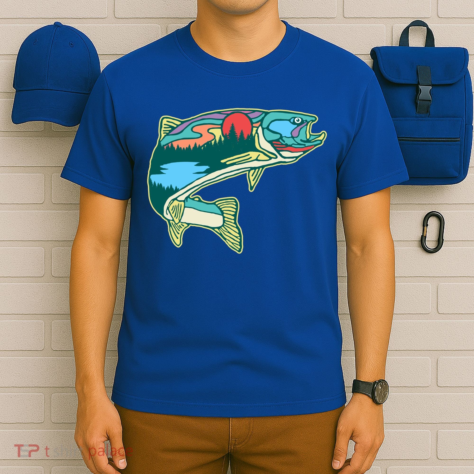 Nature Trout Illustration Vintage Fly Fishing Retro Graphic Gift T-Shirt