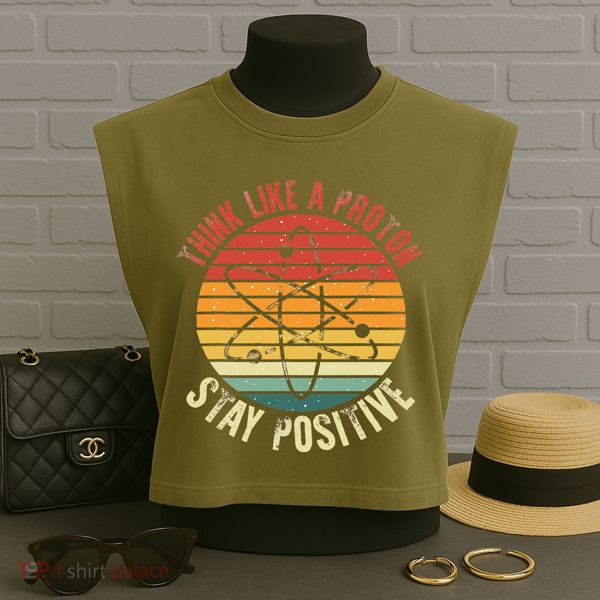 Nerd Think Like A Proton Stay Positive Retro Chemistry Garment-Dyed Women's Muscle Tee