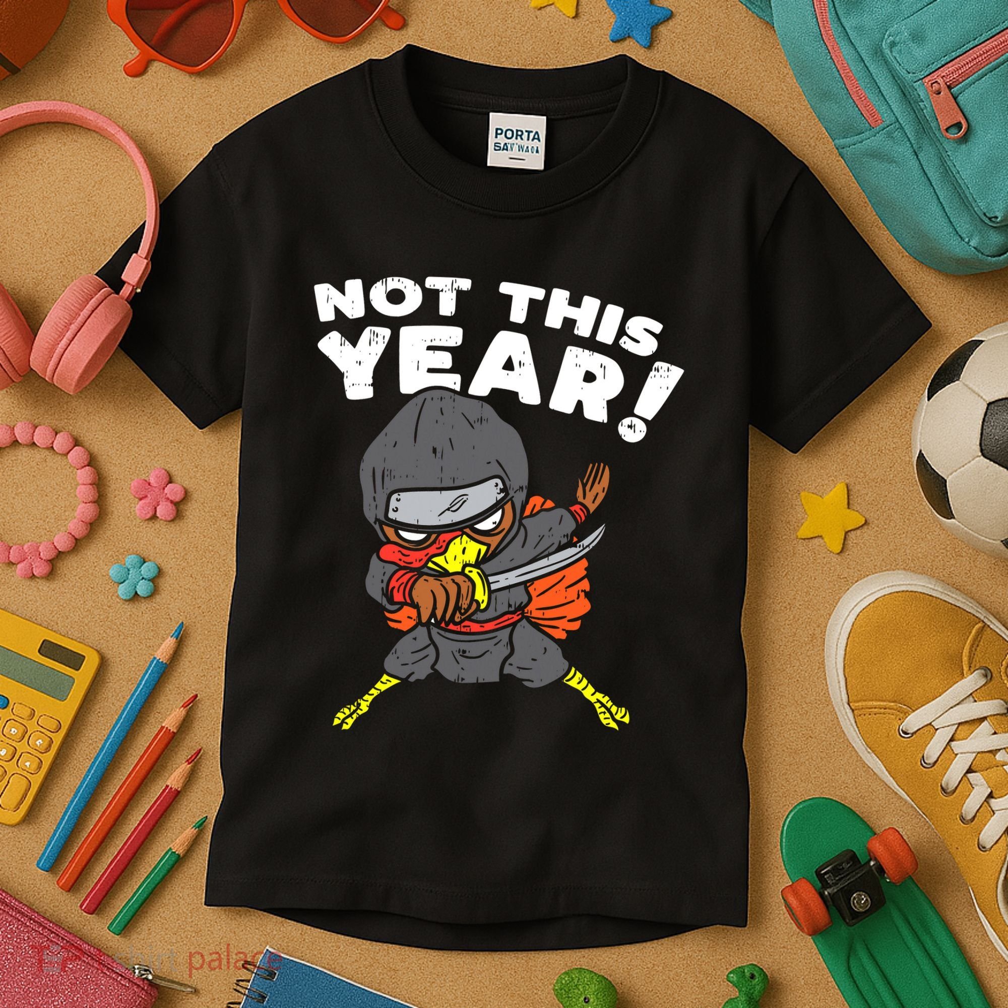 Ninja Turkey Not This Year Thanksgiving Fighter Funny Turkey Kids T-Shirt