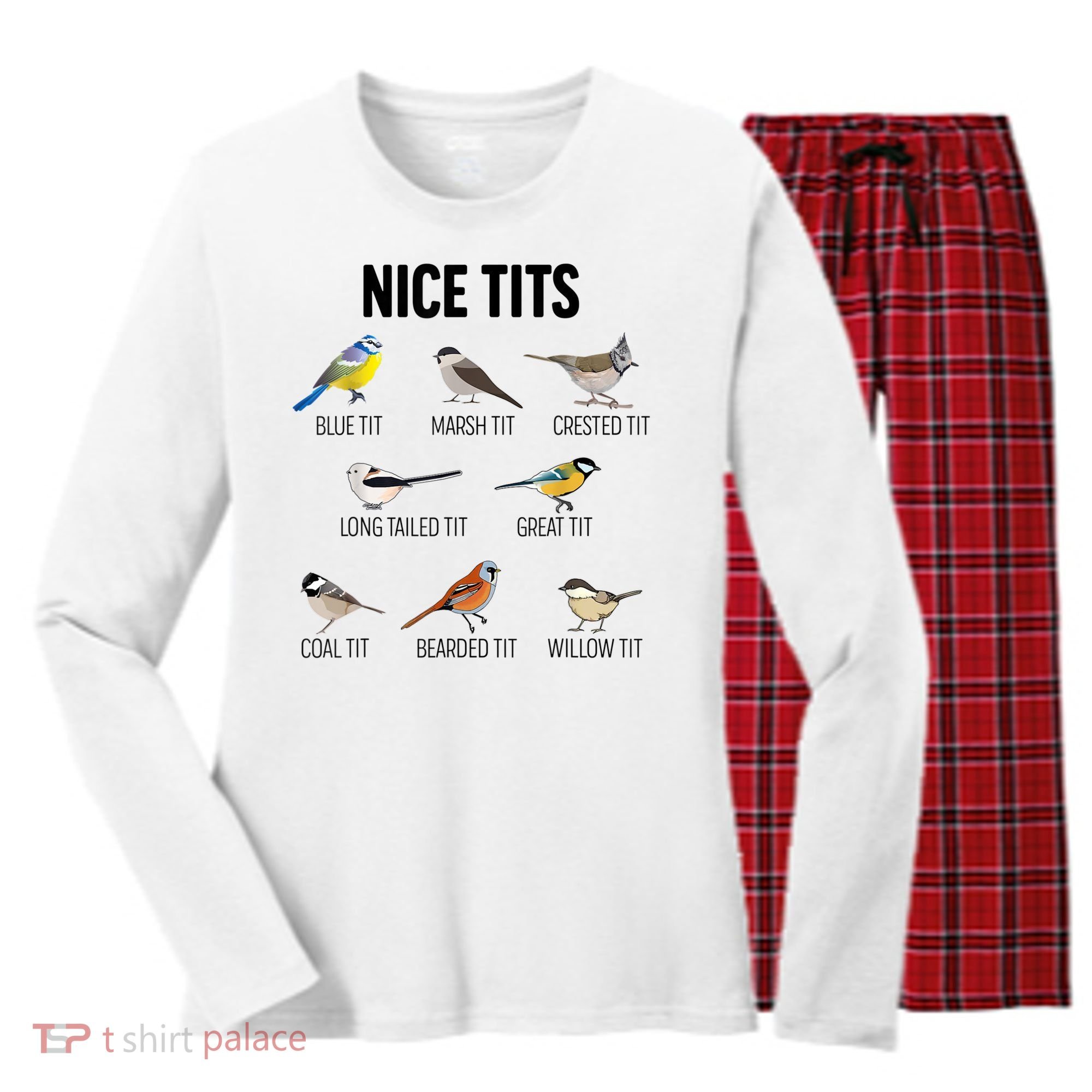Nice Tits Pun Joke Funny Bird Lover Enthusiast Birdwatcher Women's Long Sleeve Flannel Pajama Set 
