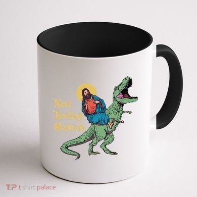 Not Today Satan Jesus Riding Dinosaur T Rex Funny Sarcastic Coffee Mug back