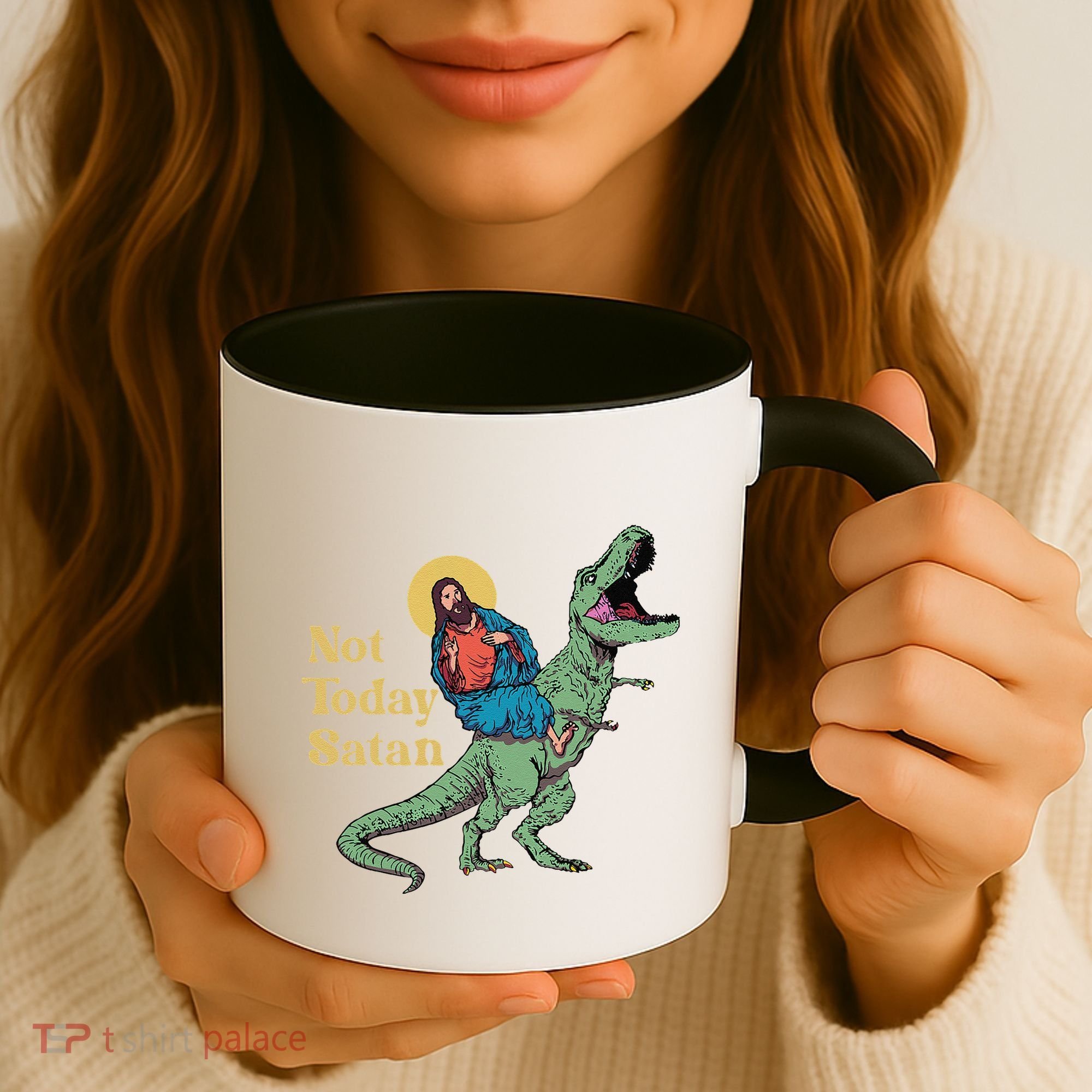 Not Today Satan Jesus Riding Dinosaur T Rex Funny Sarcastic Coffee Mug