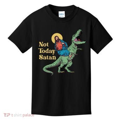 Not Today Satan Jesus Riding Dinosaur T Rex Funny Sarcastic Kids T-Shirt