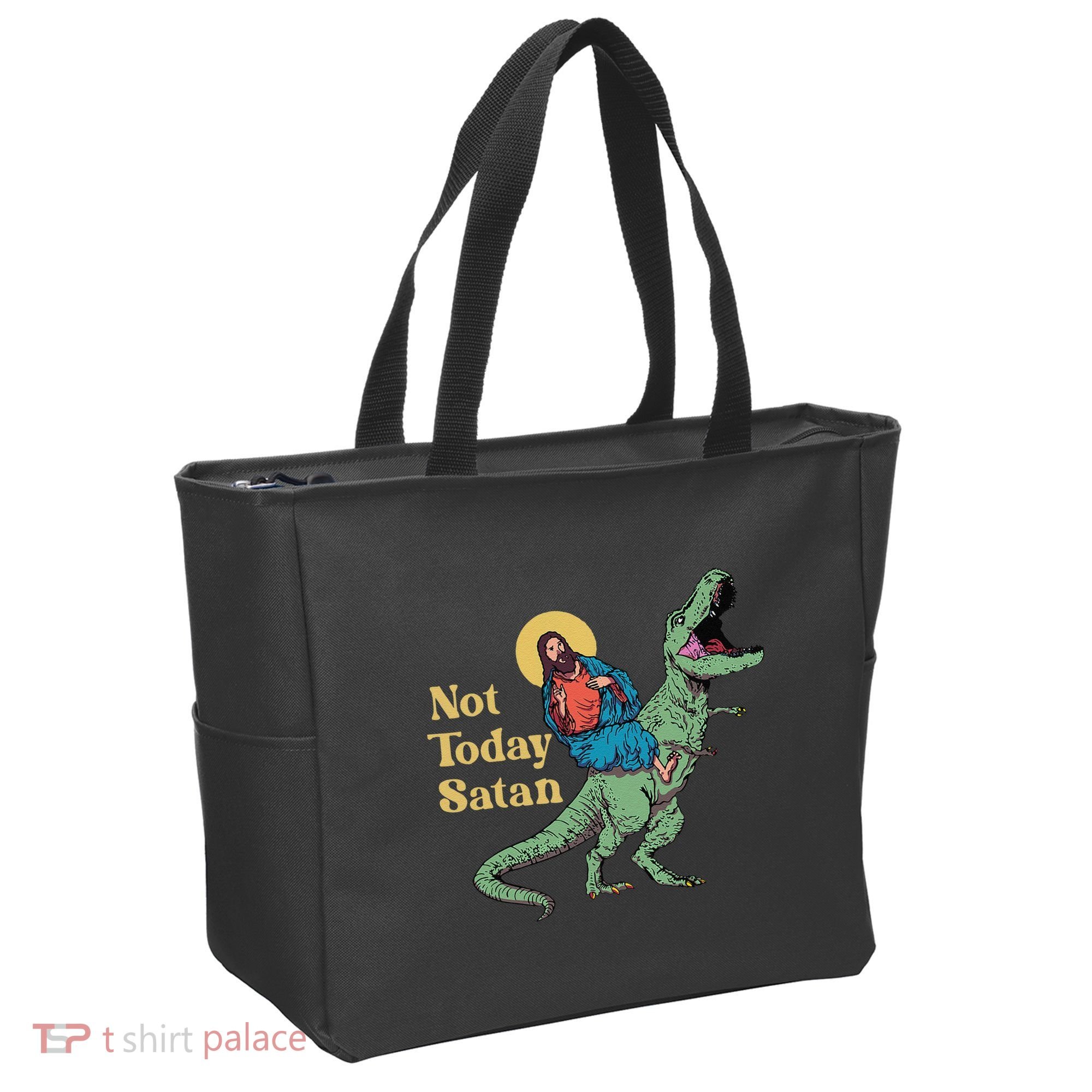 Not Today Satan Jesus Riding Dinosaur T Rex Funny Sarcastic Tote Bag
