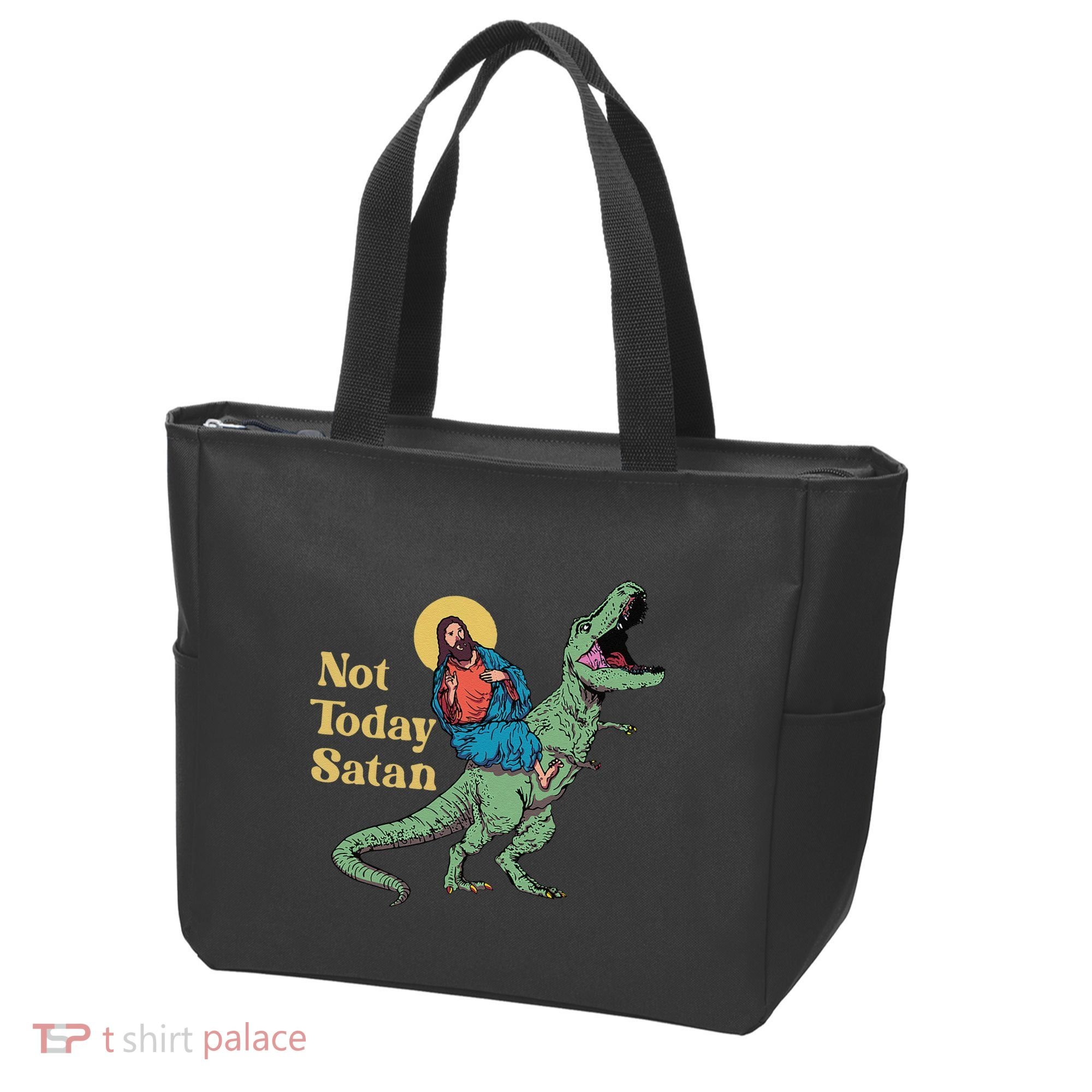 Not Today Satan Jesus Riding Dinosaur T Rex Funny Sarcastic Tote Bag