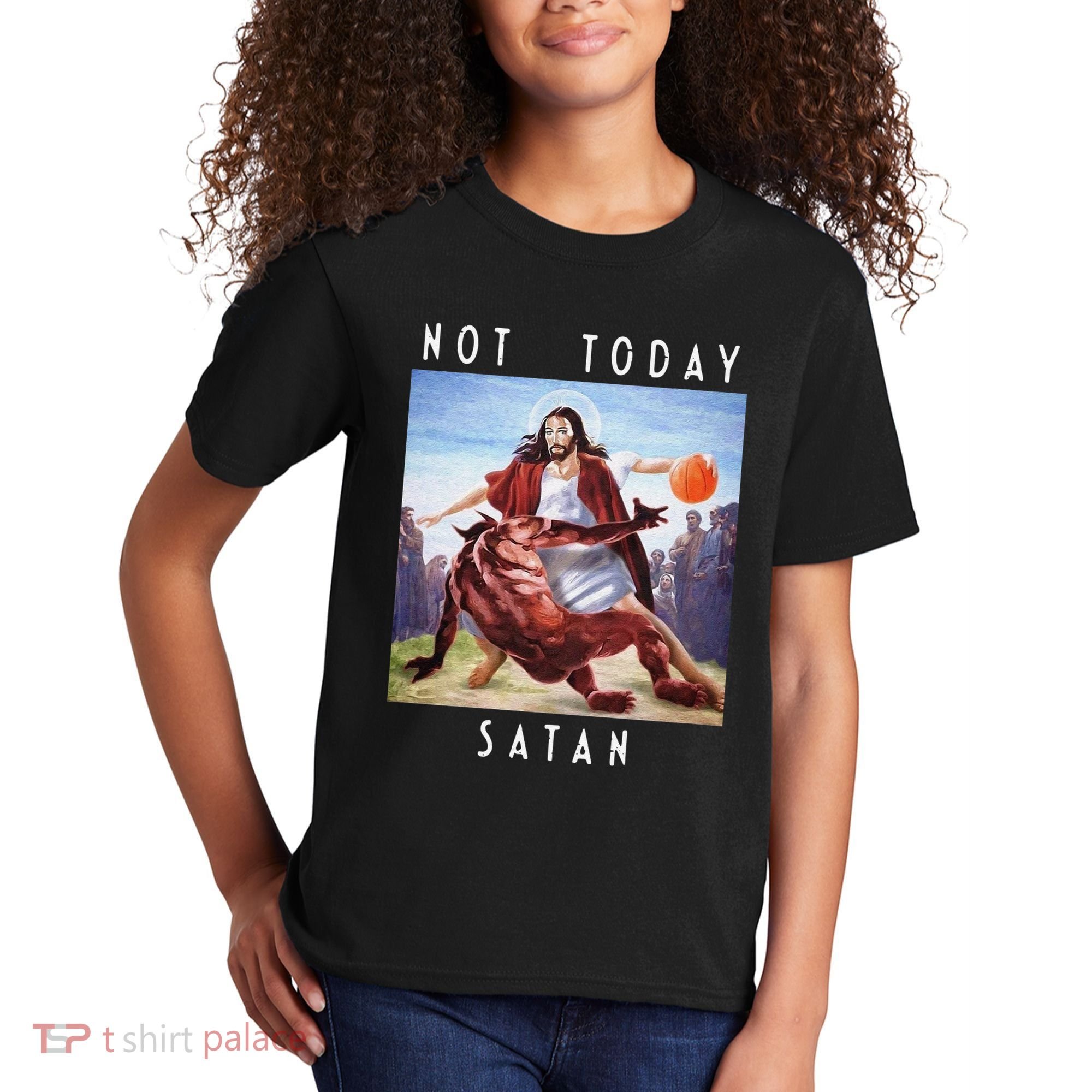 Not Today Satan Jesus Vs Satan In Basketball Kids T-Shirt