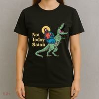 Not Today Satan Jesus Riding Dinosaur T Rex Funny Sarcastic T-Shirt thumb 4