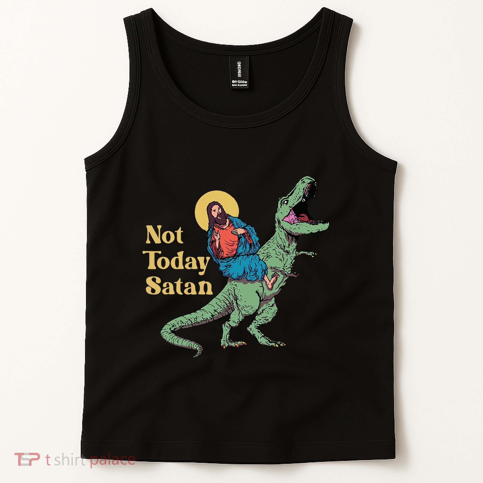 Not Today Satan Jesus Riding Dinosaur T Rex Funny Sarcastic Tank Top