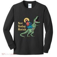 Not Today Satan Jesus Riding Dinosaur T Rex Funny Sarcastic Kids Long Sleeve Shirt thumb 0