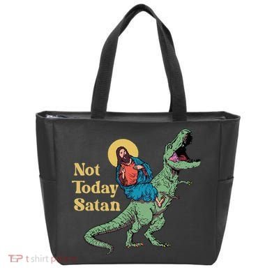 Not Today Satan Jesus Riding Dinosaur T Rex Funny Sarcastic Tote Bag
