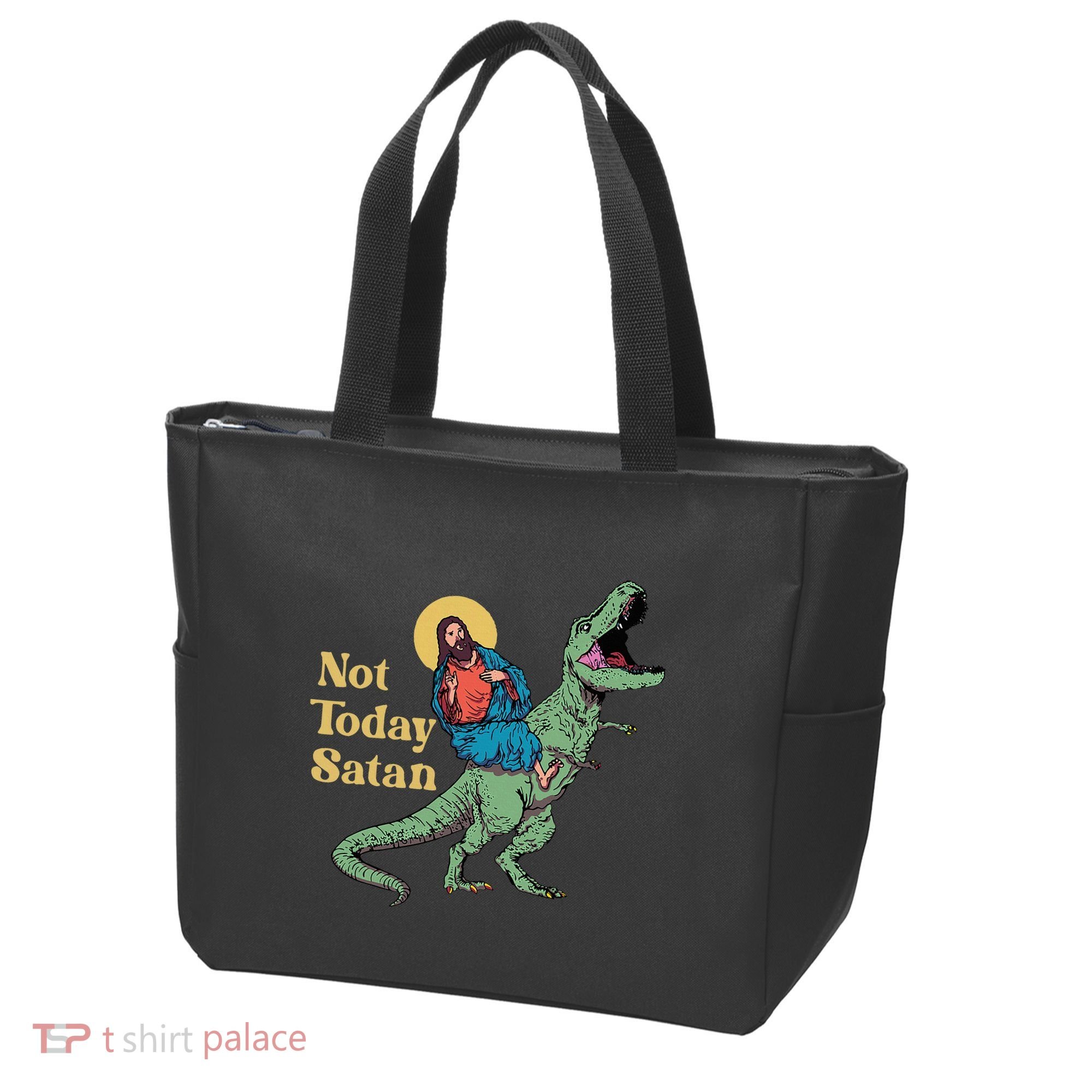 Not Today Satan Jesus Riding Dinosaur T Rex Funny Sarcastic Tote Bag
