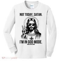 Not Today Satan I’M In God Mode Funny Jesus Meme Kids Long Sleeve Shirt thumb 0