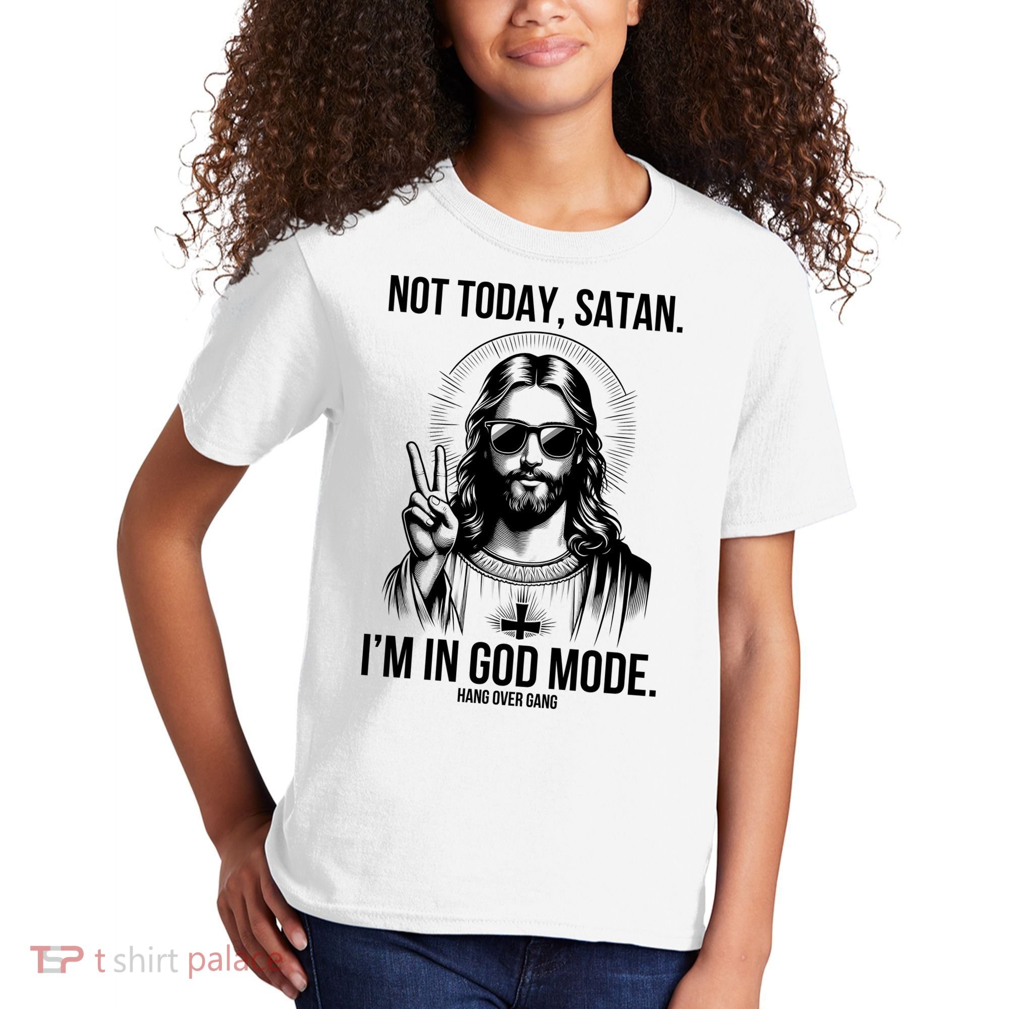 Not Today Satan I’M In God Mode Funny Jesus Meme Kids T-Shirt
