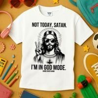 Not Today Satan I’M In God Mode Funny Jesus Meme Kids T-Shirt thumb 3