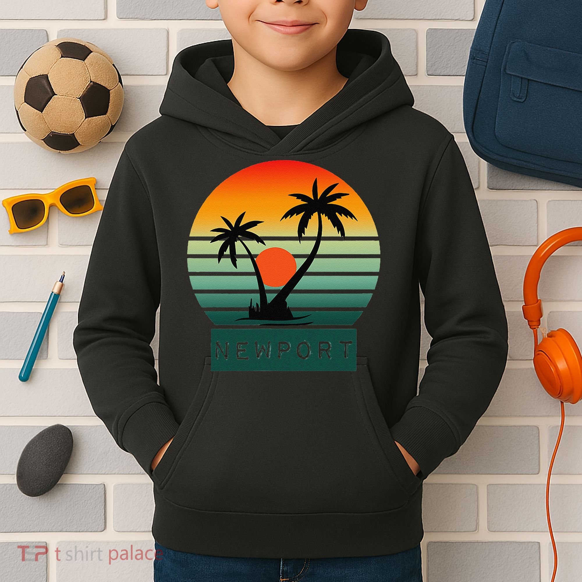 Newport Tropical Sunset Palm Trees Beach Kids Hoodie