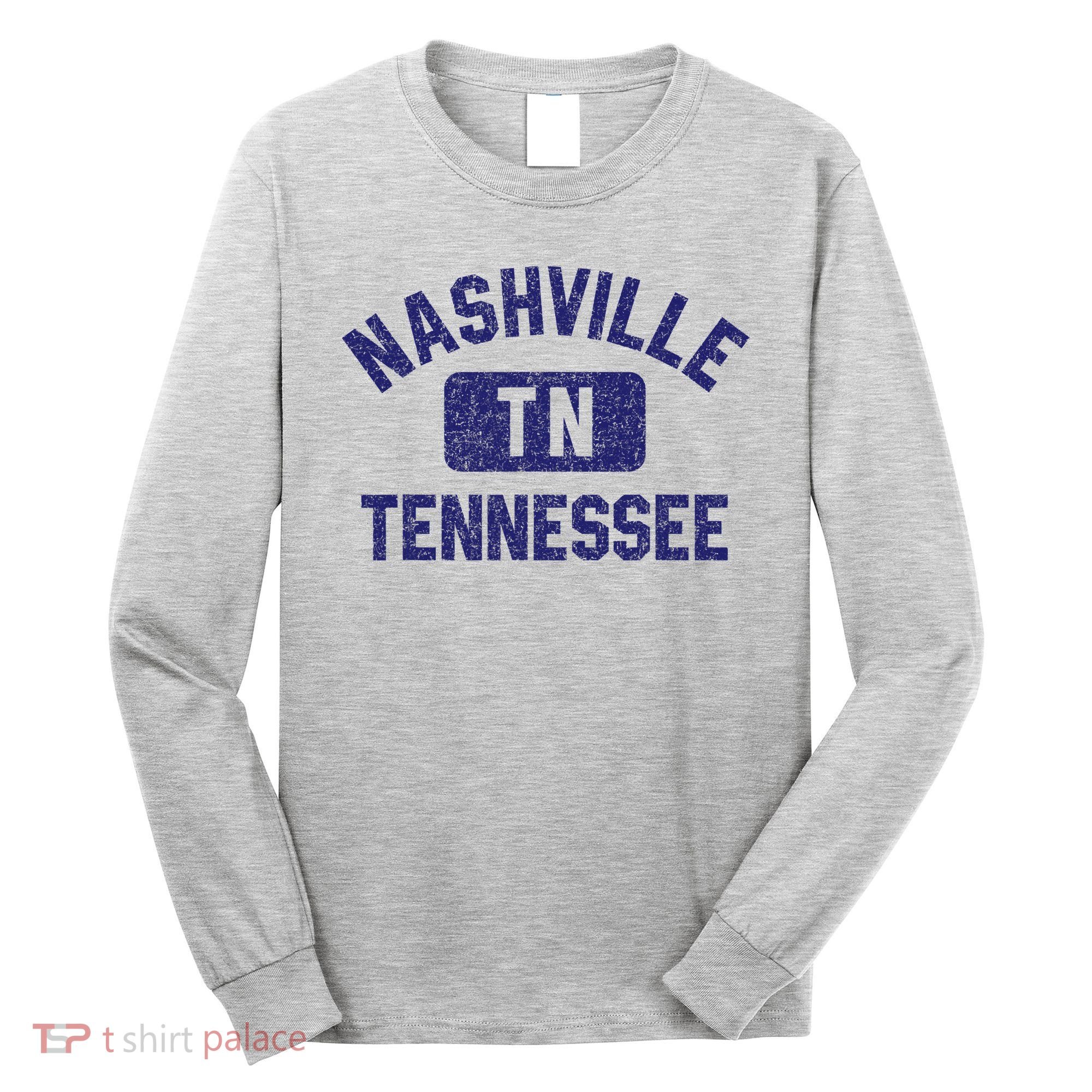 Nashville TN Tennessee Gym Style Distressed Navy Blue Print Long Sleeve Shirt