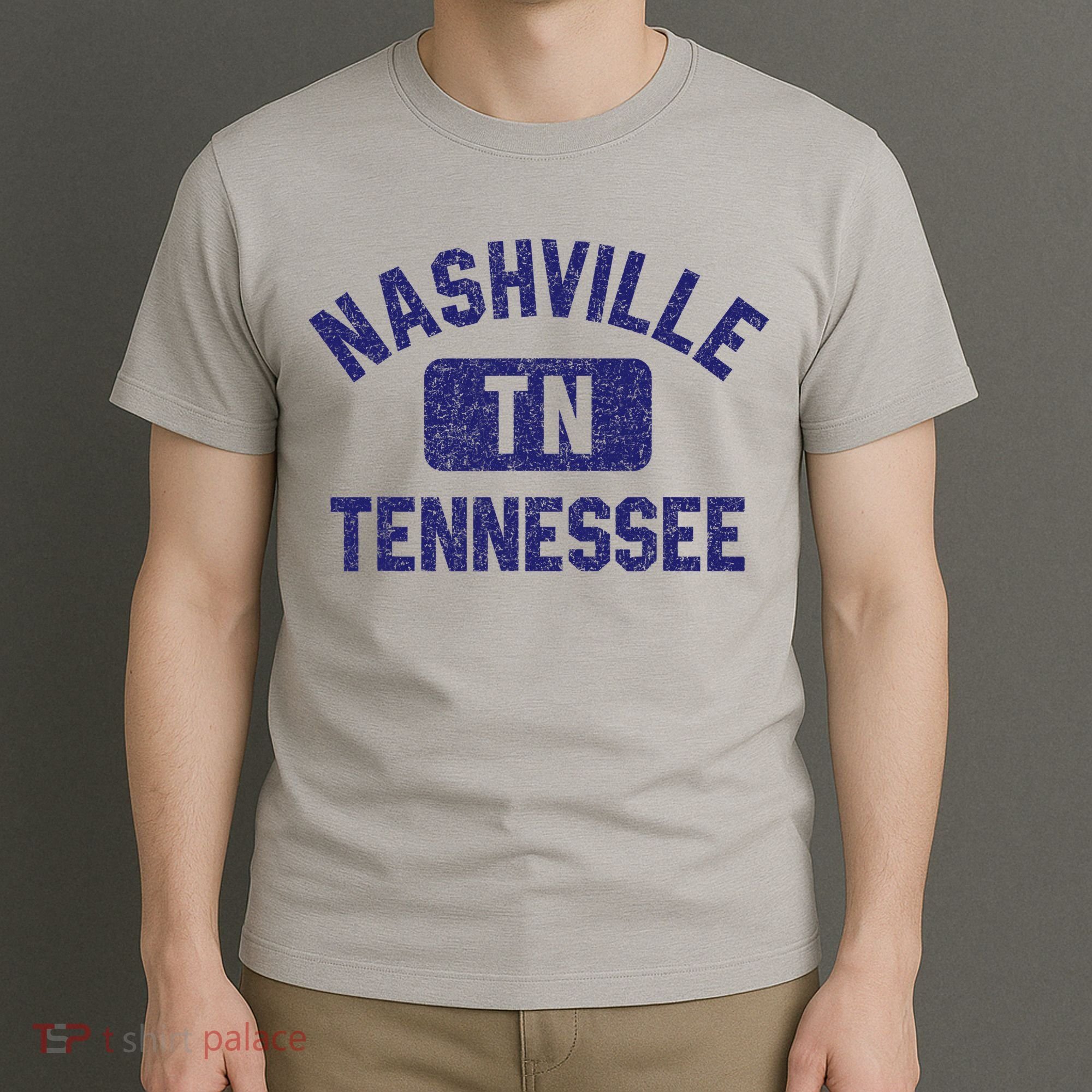 Nashville TN Tennessee Gym Style Distressed Navy Blue Print T-Shirt
