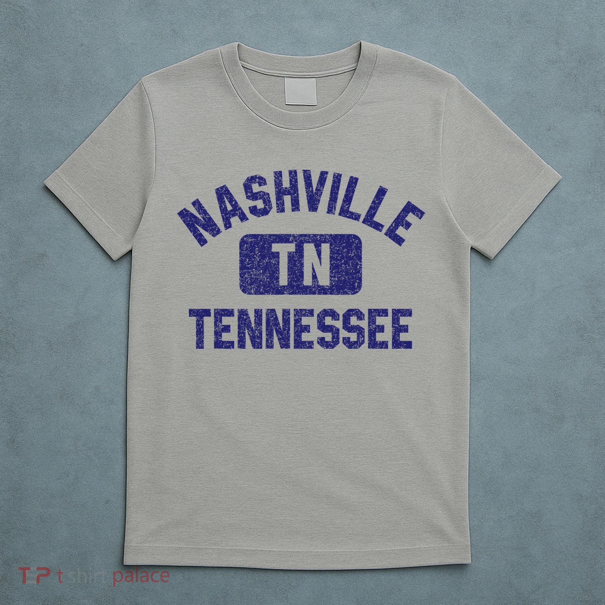 Nashville TN Tennessee Gym Style Distressed Navy Blue Print T-Shirt